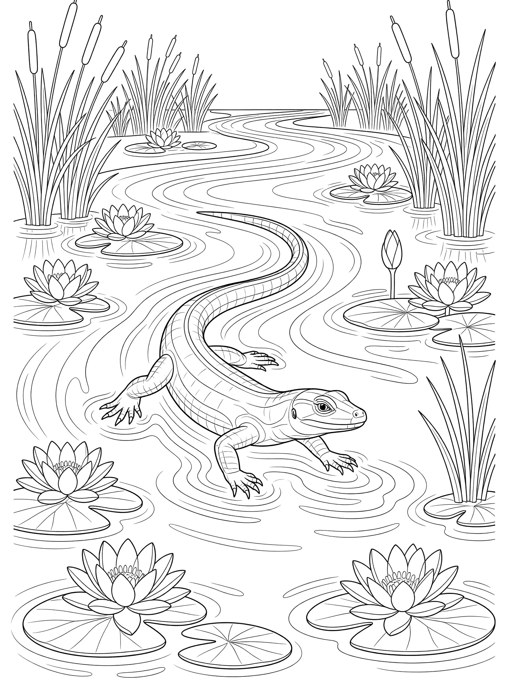 Black and white line drawing of a monitor lizard swimming in a river surrounded by water lilies and tall reeds.