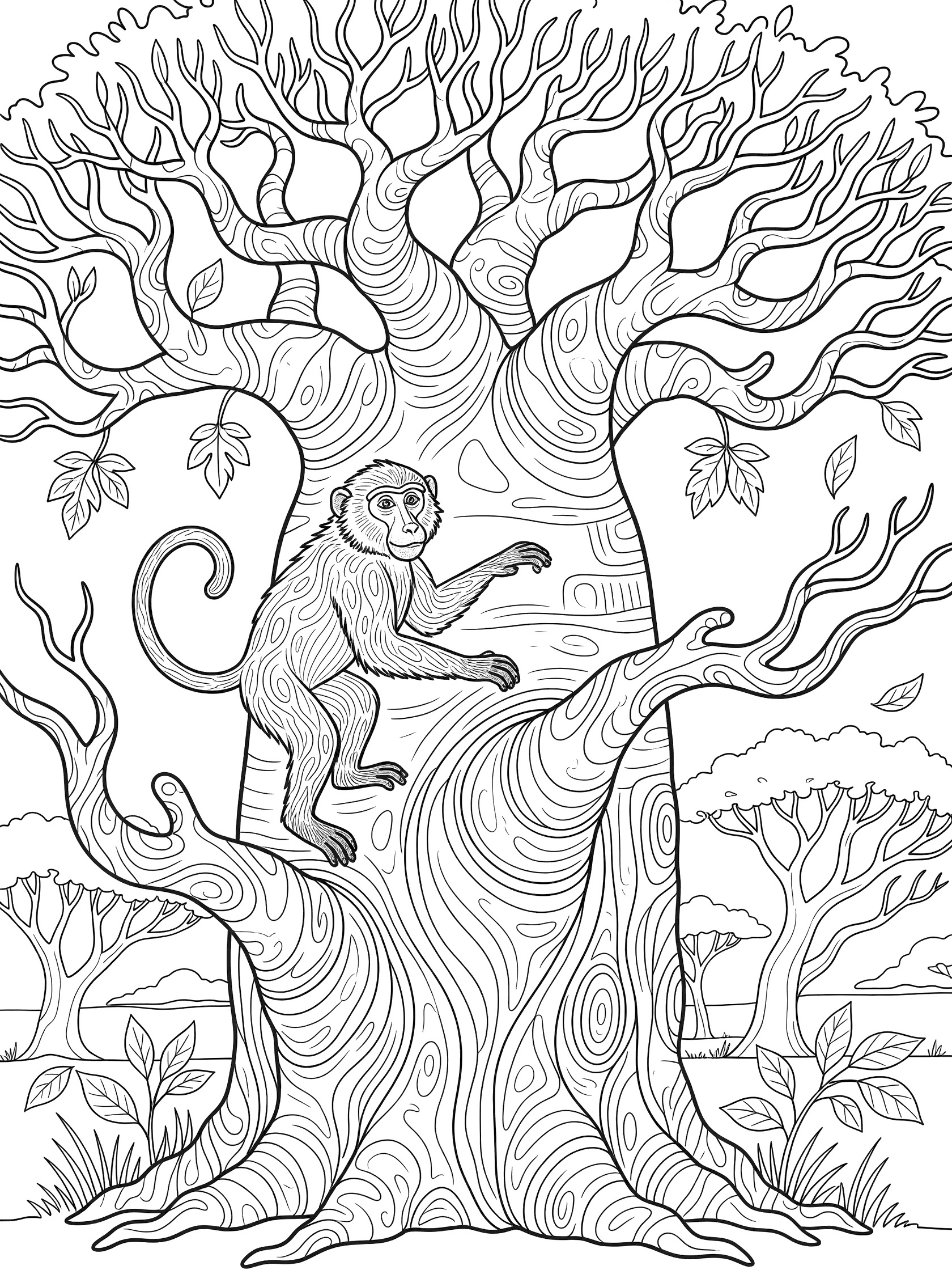 Black and white line art coloring page showing a monkey climbing a large tree with detailed bark, branches, leaves, and background trees. Baboon themed black and white printable line art