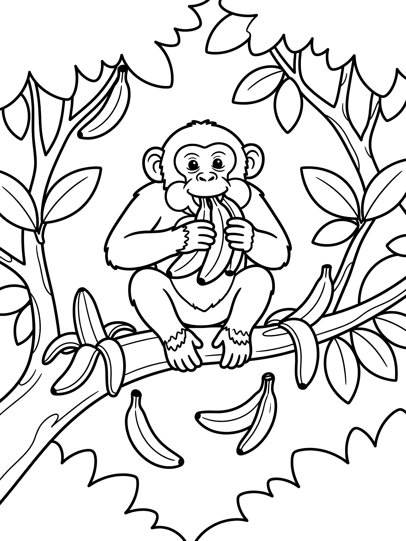 Black and white line art coloring page showing a monkey on a branch munching a banana bunch, banana peels below, surrounded by tree leaves. Chimpanzee themed black and white printable line art