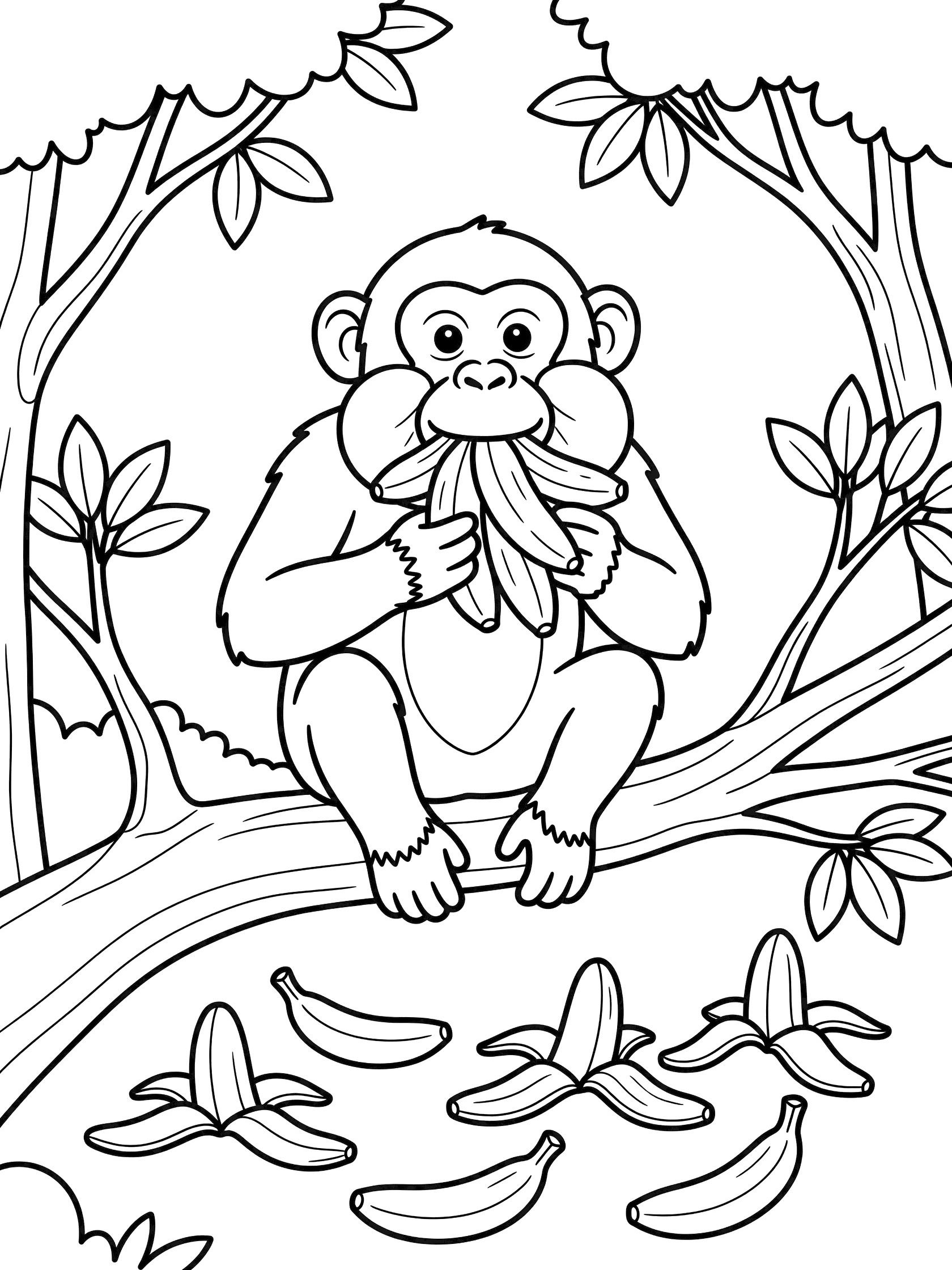 Black and white line art coloring page showing a monkey with big cheeks munching bananas on a tree branch, surrounded by leaves and scattered banana peels. Chimpanzee themed black and white printable line art