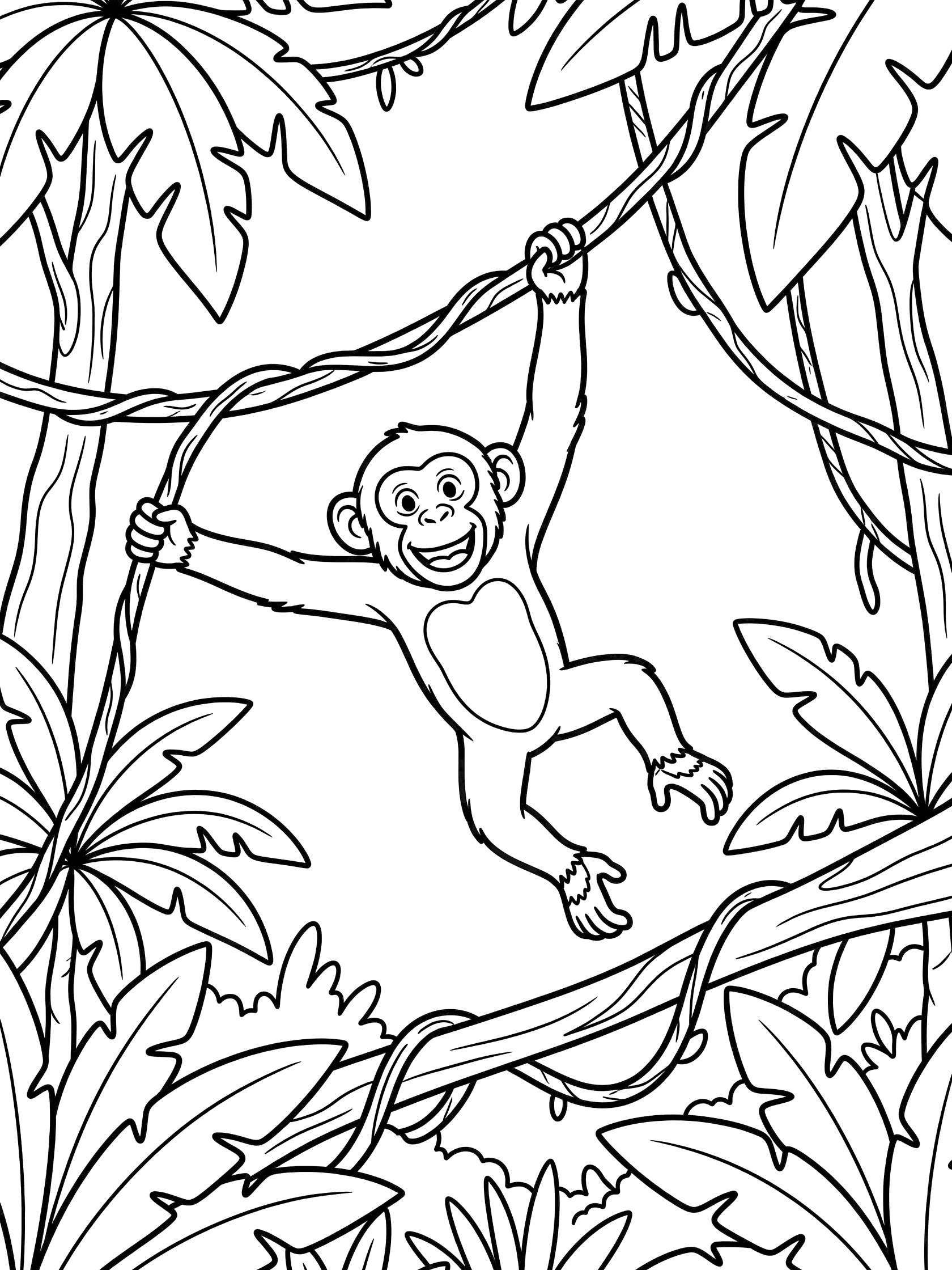 Black and white line art coloring page showing a smiling monkey swinging from a vine with outstretched arms amid jungle leaves and branches. Chimpanzee themed black and white printable line art