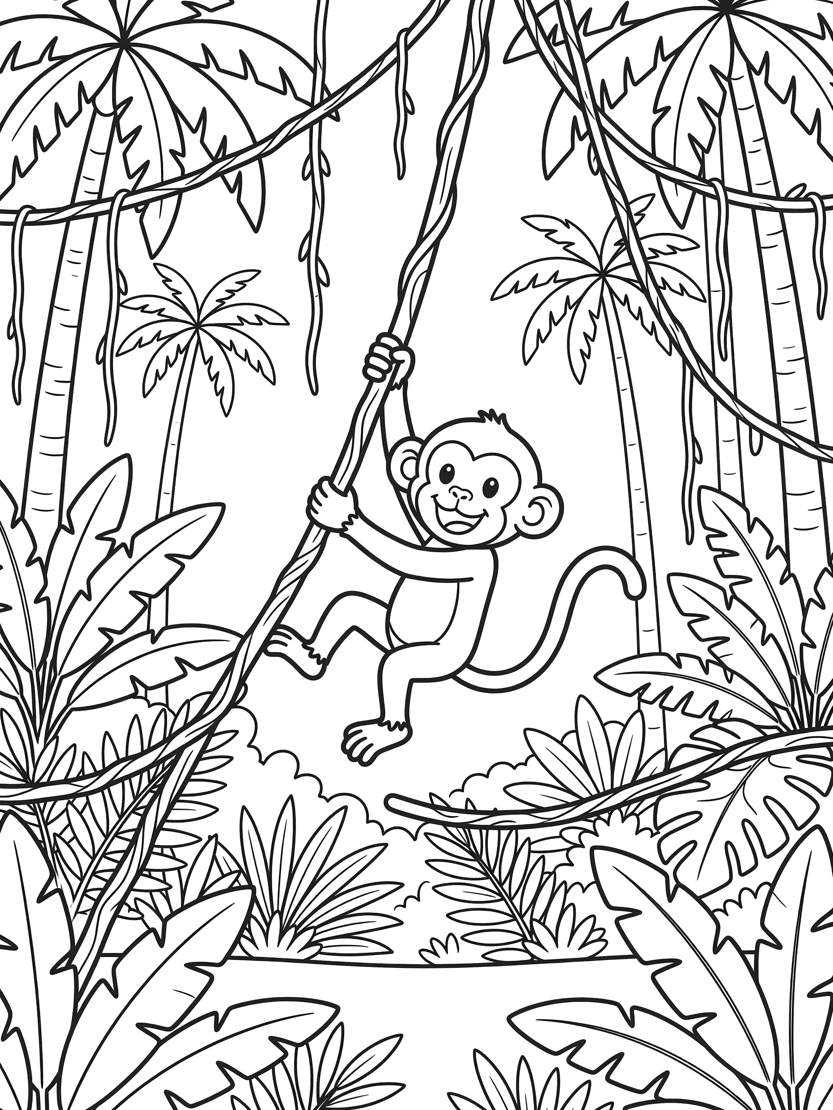 Black and white line art coloring page showing a cheerful monkey swinging on a thick vine surrounded by tall palm trees, dangling vines, large leaves and ferns in a jungle setting. South America Jungle themed black and white printable line art