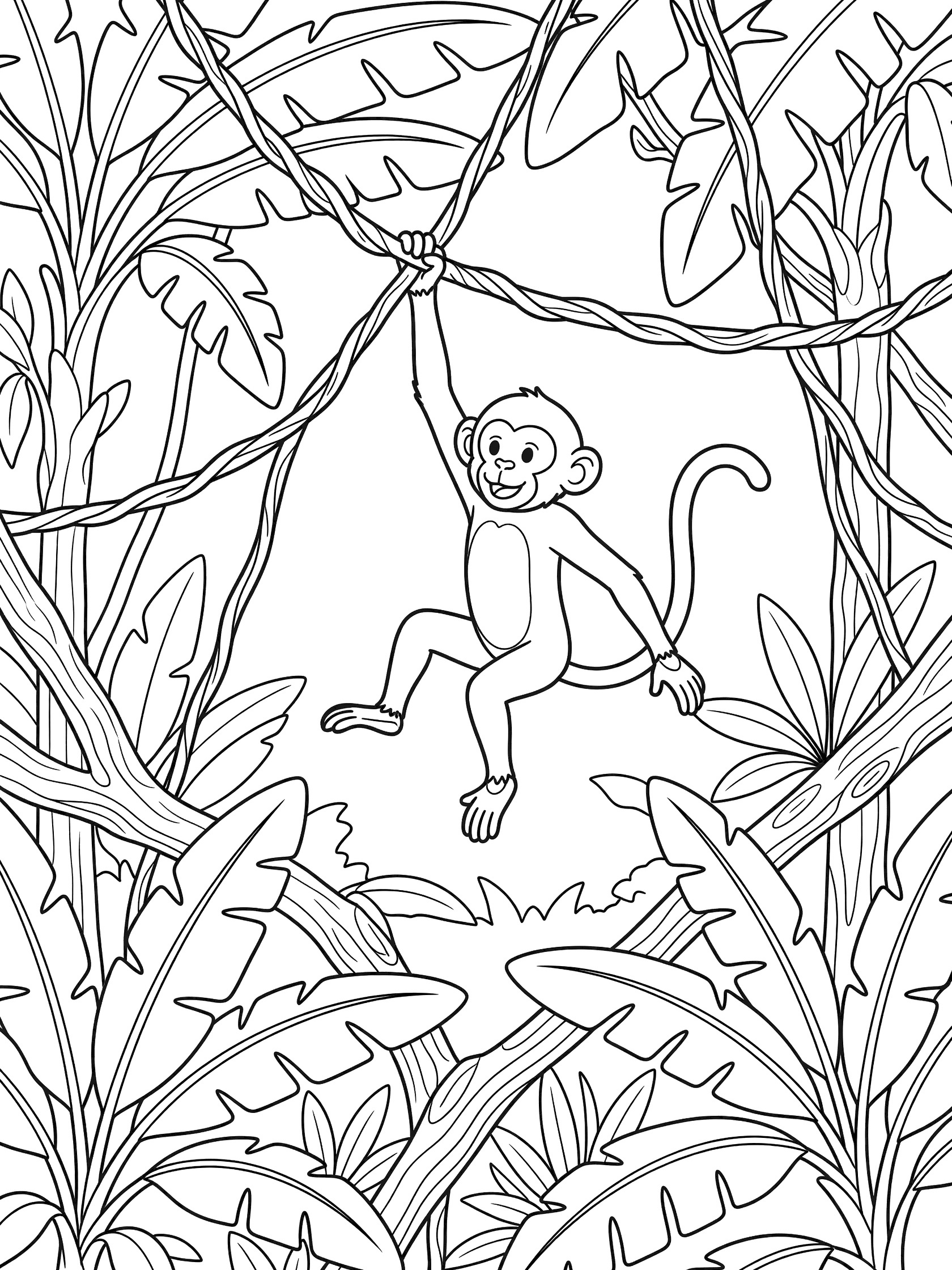 Black and white line art coloring page showing a happy monkey swinging from a vine in a jungle with large leaves and twisting branches. Amazon themed black and white printable line art