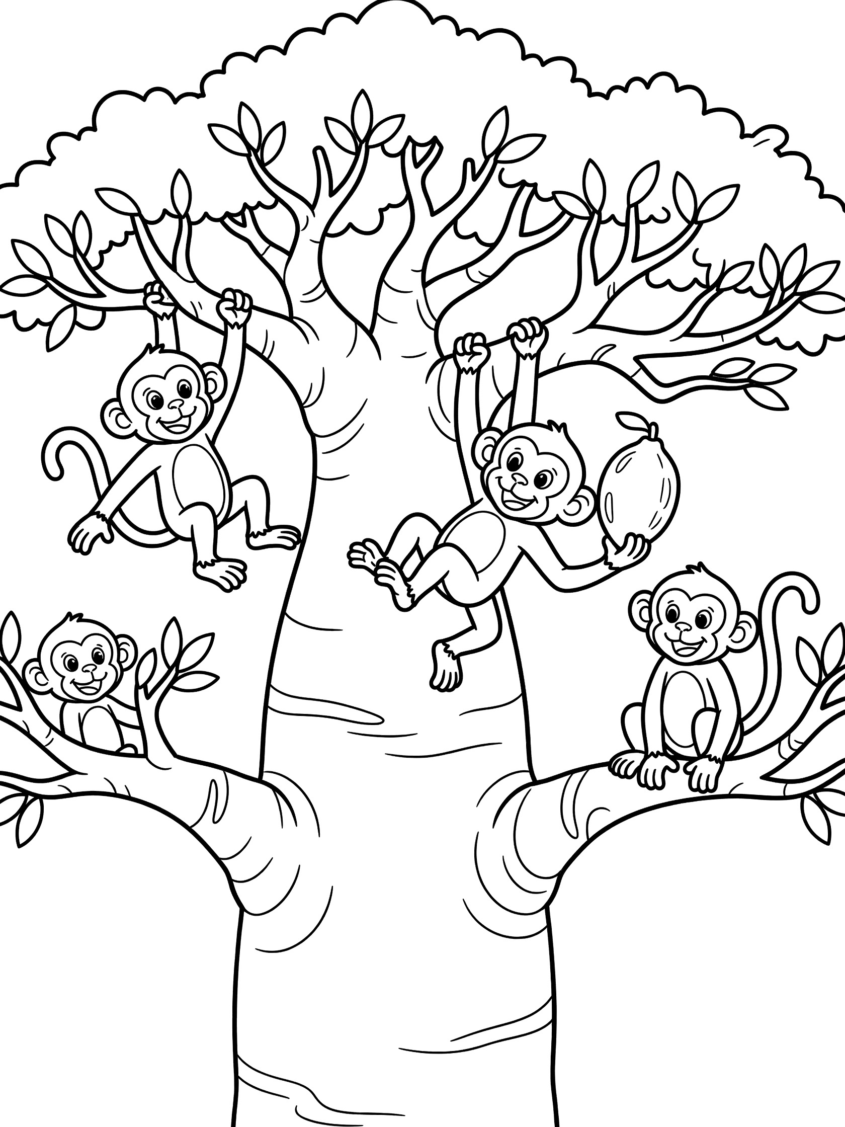 Black and white line art coloring page showing several monkeys climbing, swinging, and sitting on a large tree with thick trunk and branches, one monkey holding a fruit. Baobab Tree themed black and white printable line art
