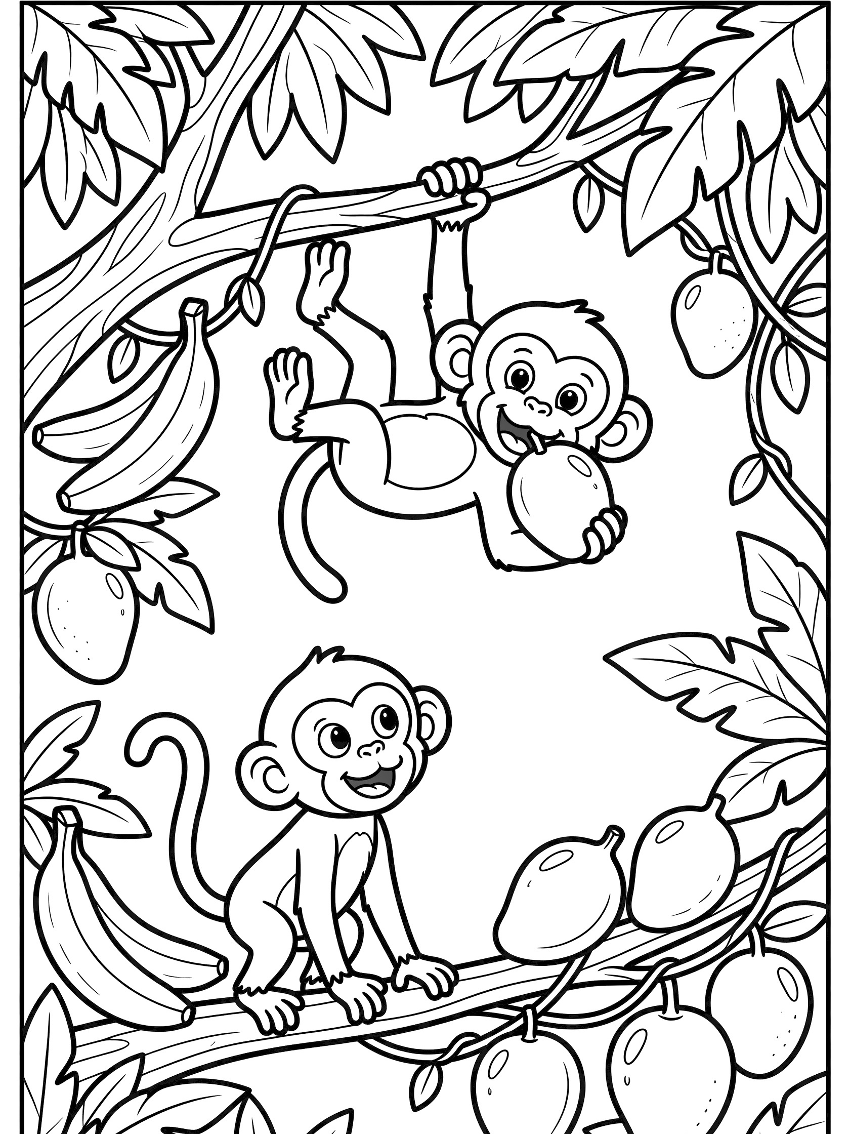 Printable coloring page showing two monkeys hanging and sitting on tree branches surrounded by bananas, mango clusters, and big leaves. African Forests themed black and white printable line art