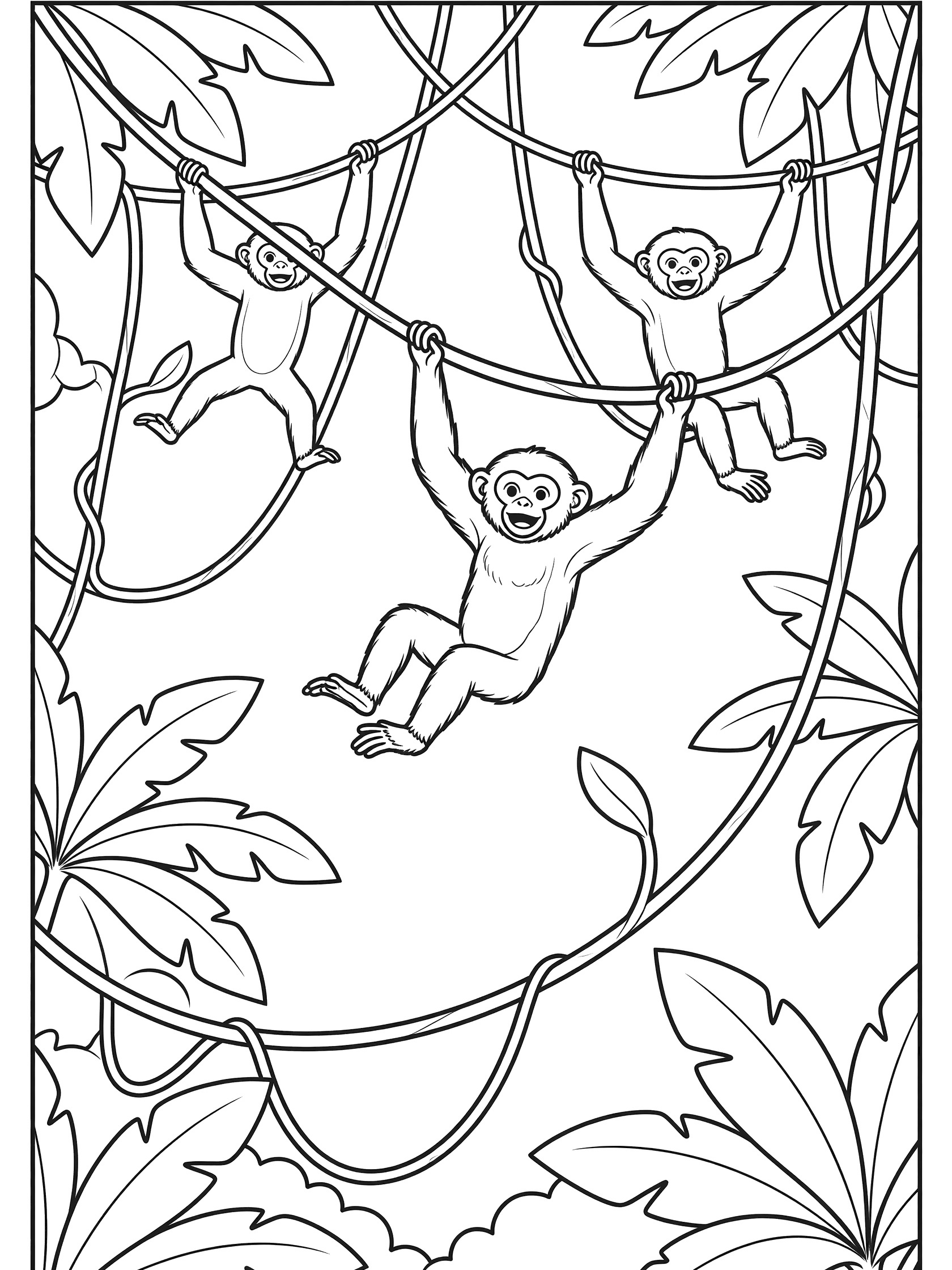 Black and white line art coloring page showing four monkeys swinging on curved vines surrounded by large leaves in a jungle treetop setting. Asia Forests themed black and white printable line art