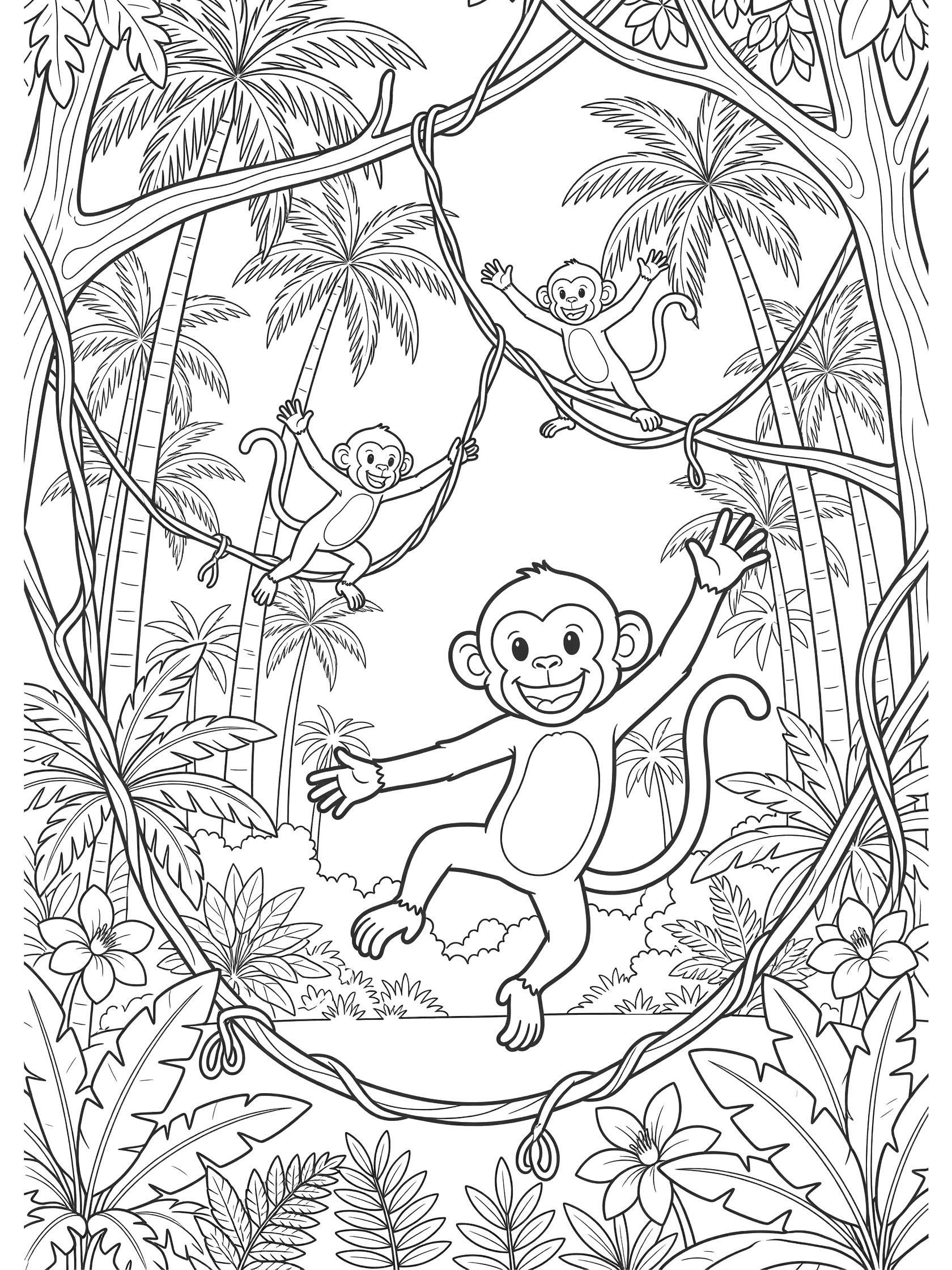 Black and white line art coloring page showing four monkeys swinging on vines surrounded by jungle palm trees, leaves, and flowers.