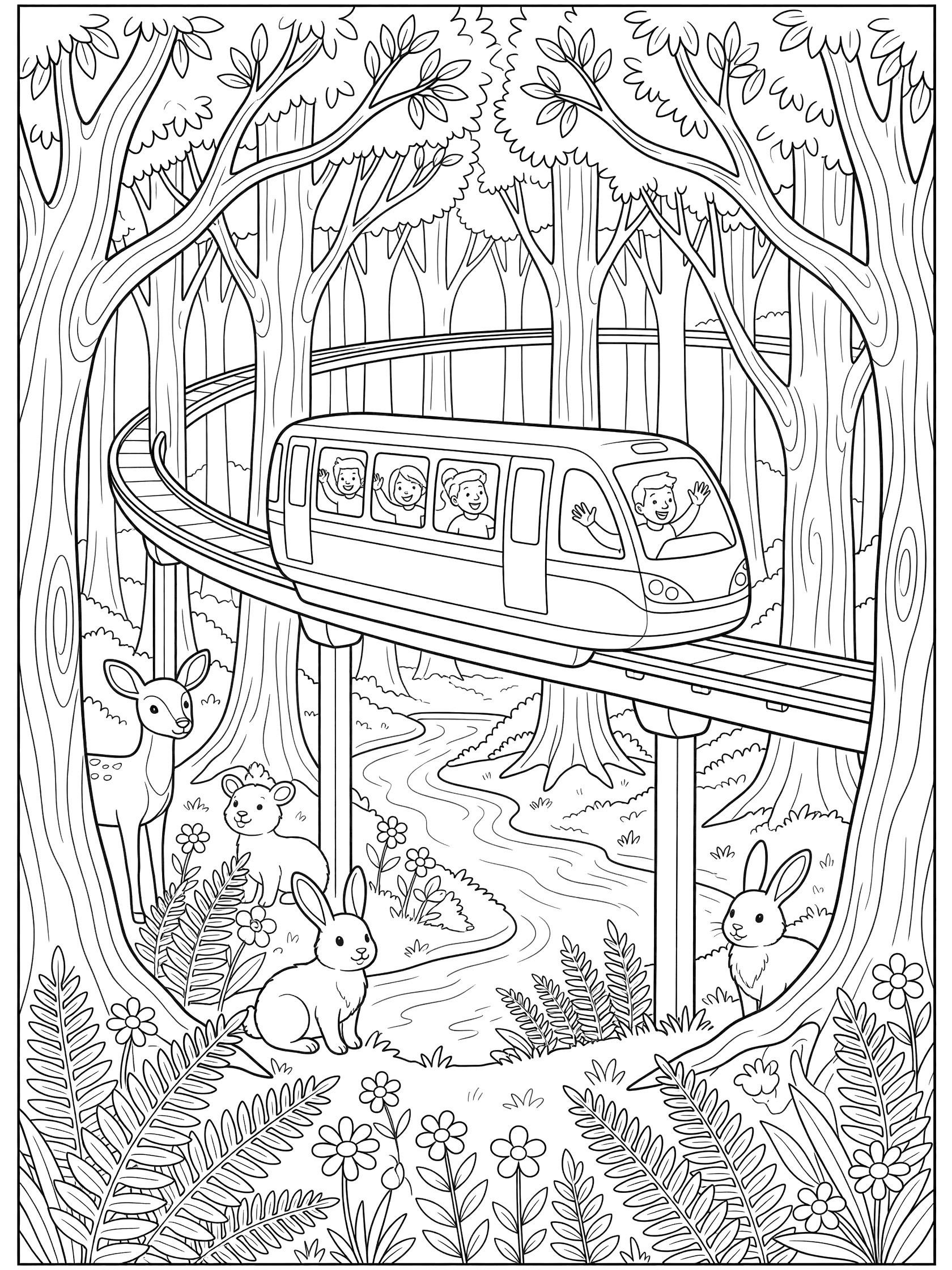Black-and-white coloring page of a monorail train gliding on a curved track above a forest scene with animals like deer and rabbits, ferns, wildflowers, and a stream.
