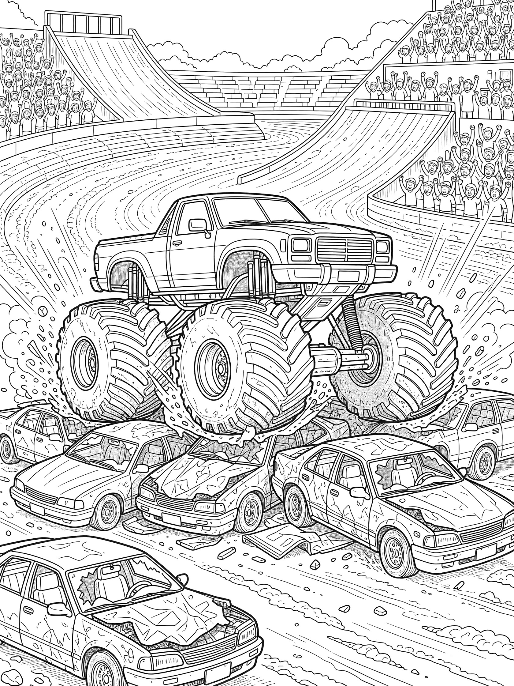 Black and white line art coloring page showing a monster truck with oversized knobby tires crushing twisted junk cars on a dirt track with ramps and spectator stands.
