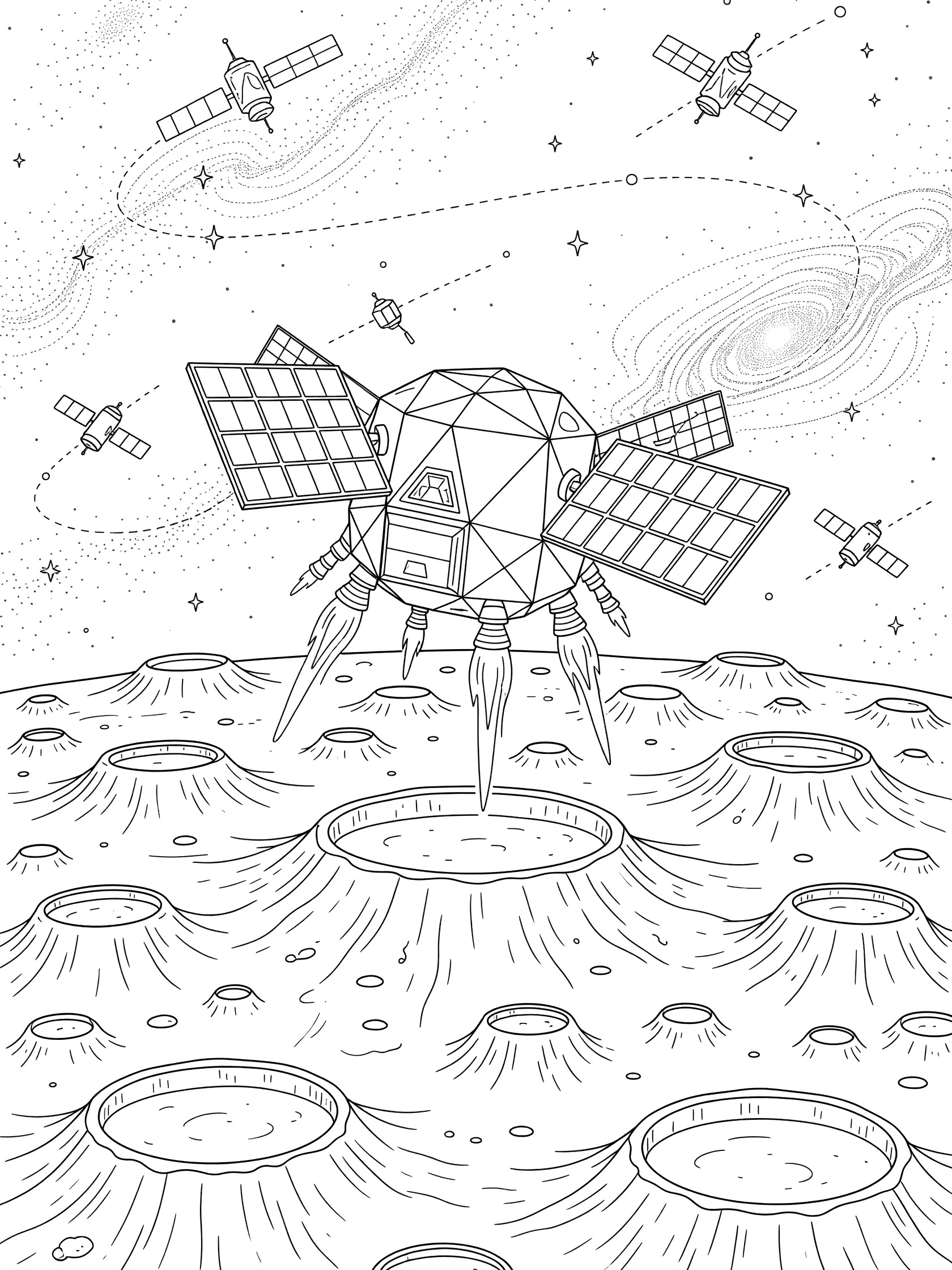 Black-and-white coloring page of a moon base module landing on The Moon with craters, solar panels, rockets, satellites, and galaxy stars.