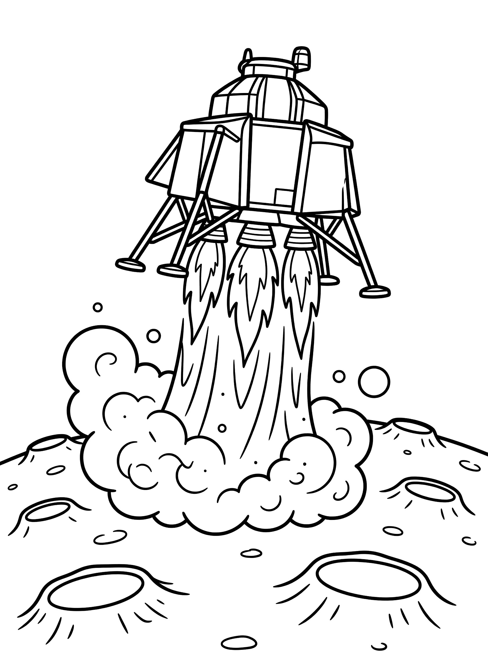 Black and white line art coloring page showing a lunar lander lifting off from the moon's surface with flames from engines, dust clouds below, and craters in the background.