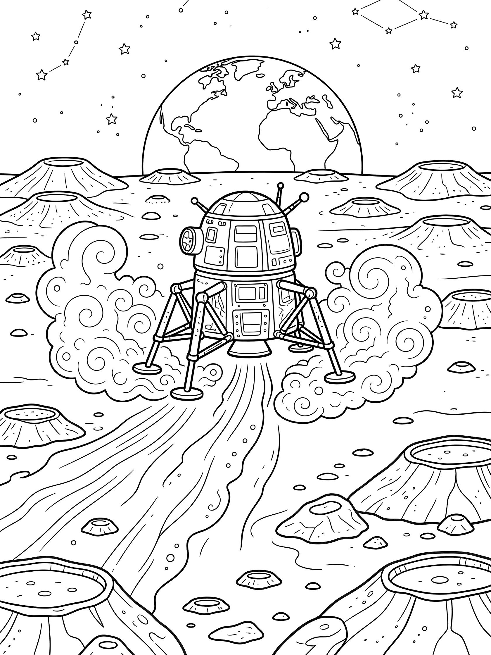 Line art coloring page showing a space capsule with antennas and landing legs touching down on the cratered moon surface, kicking up dust, with stars, moon rocks, and Earth rising in the background.