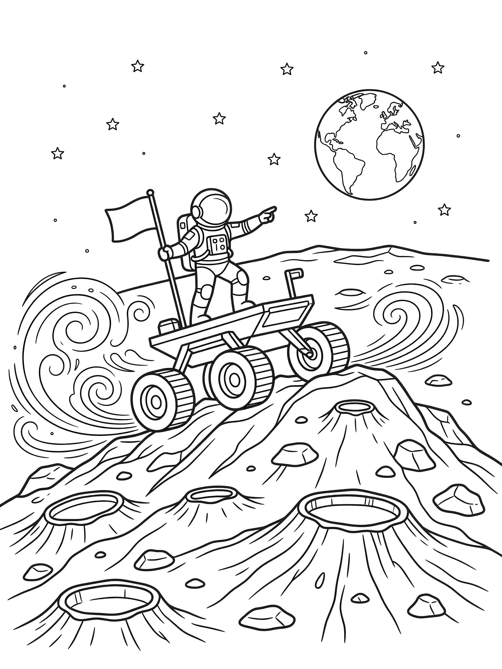 Black and white line art of a moon rover with six wheels climbing a crater-filled lunar hill, astronaut in spacesuit on platform holding flag and pointing, Earth above horizon.