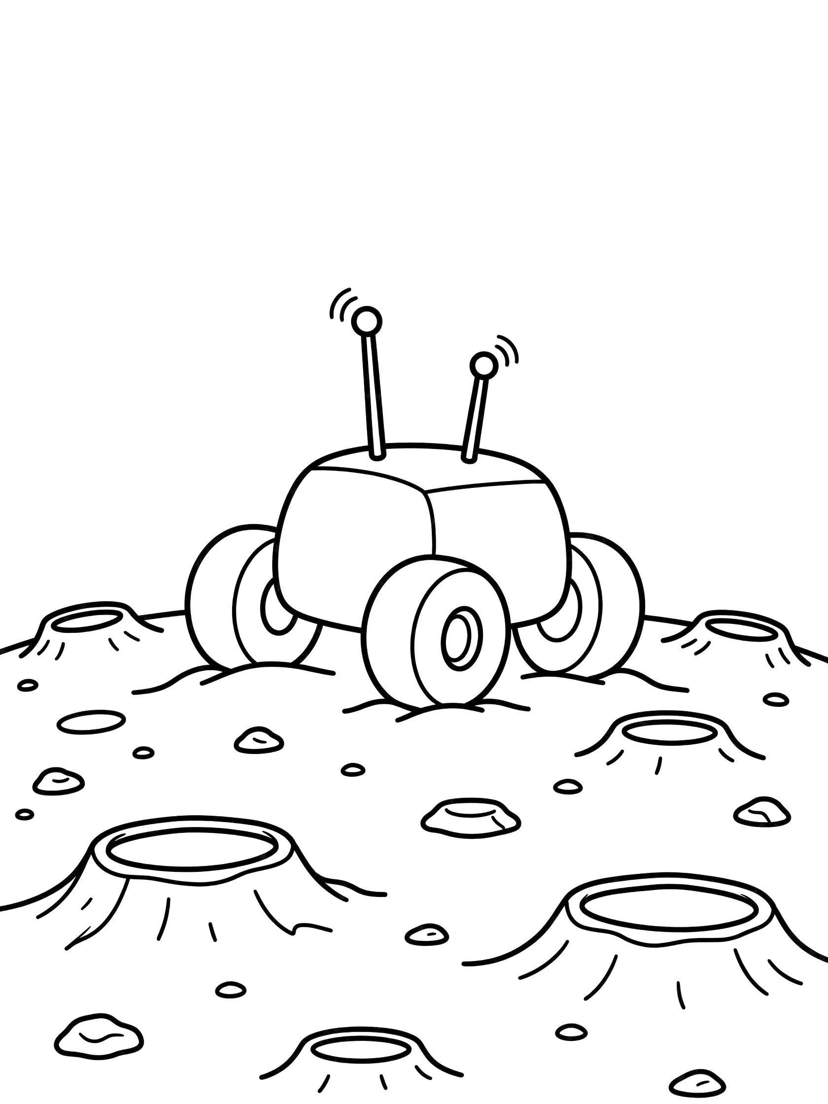 Black and white line art coloring page showing a simple cute cartoon moon rover with big round wheels and tall antennas on a bumpy lunar surface with craters and rocks