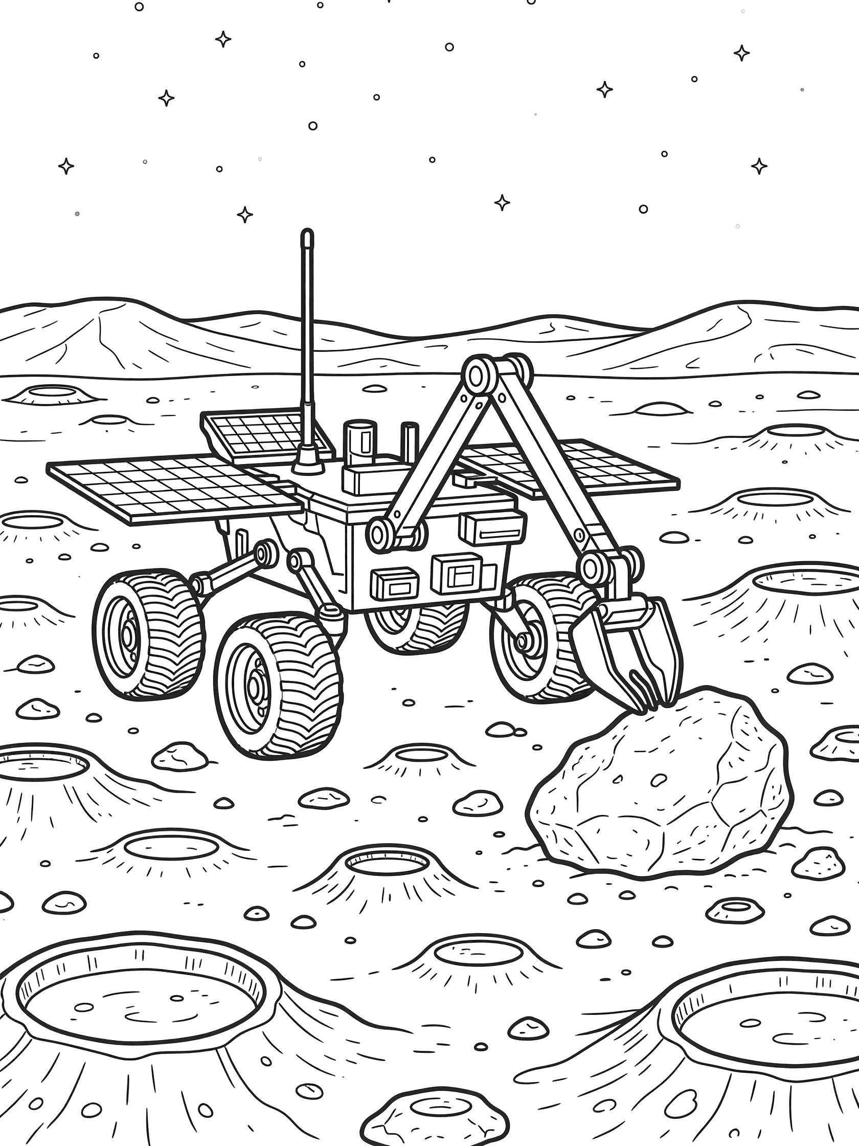 Black and white coloring page of a moon rover with big wheels, extended arm grabbing a large moon rock on crater-filled lunar ground, solar panels, antenna, distant hills, and stars.
