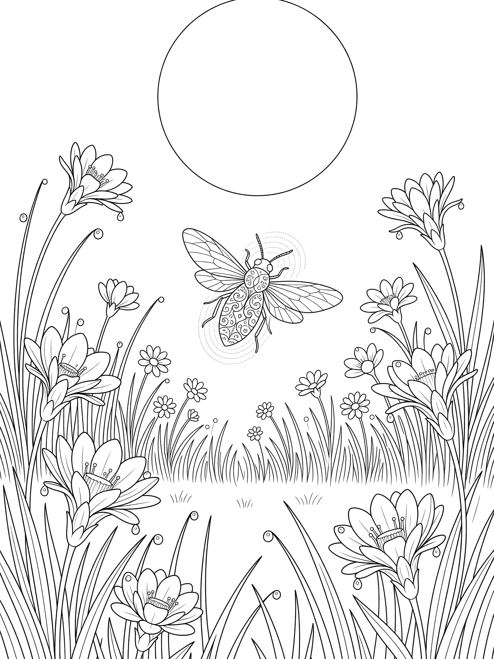 Black and white line art coloring page of a firefly hovering in a moonlit glade with tall grasses, flowers, and a large full moon