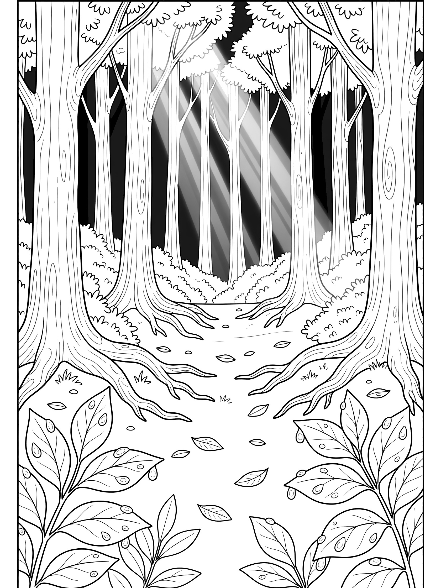 Black and white line art coloring page of a moonlit path in a dark forest with tall trees, twisting roots, scattered leaves, and beams of light filtering through branches