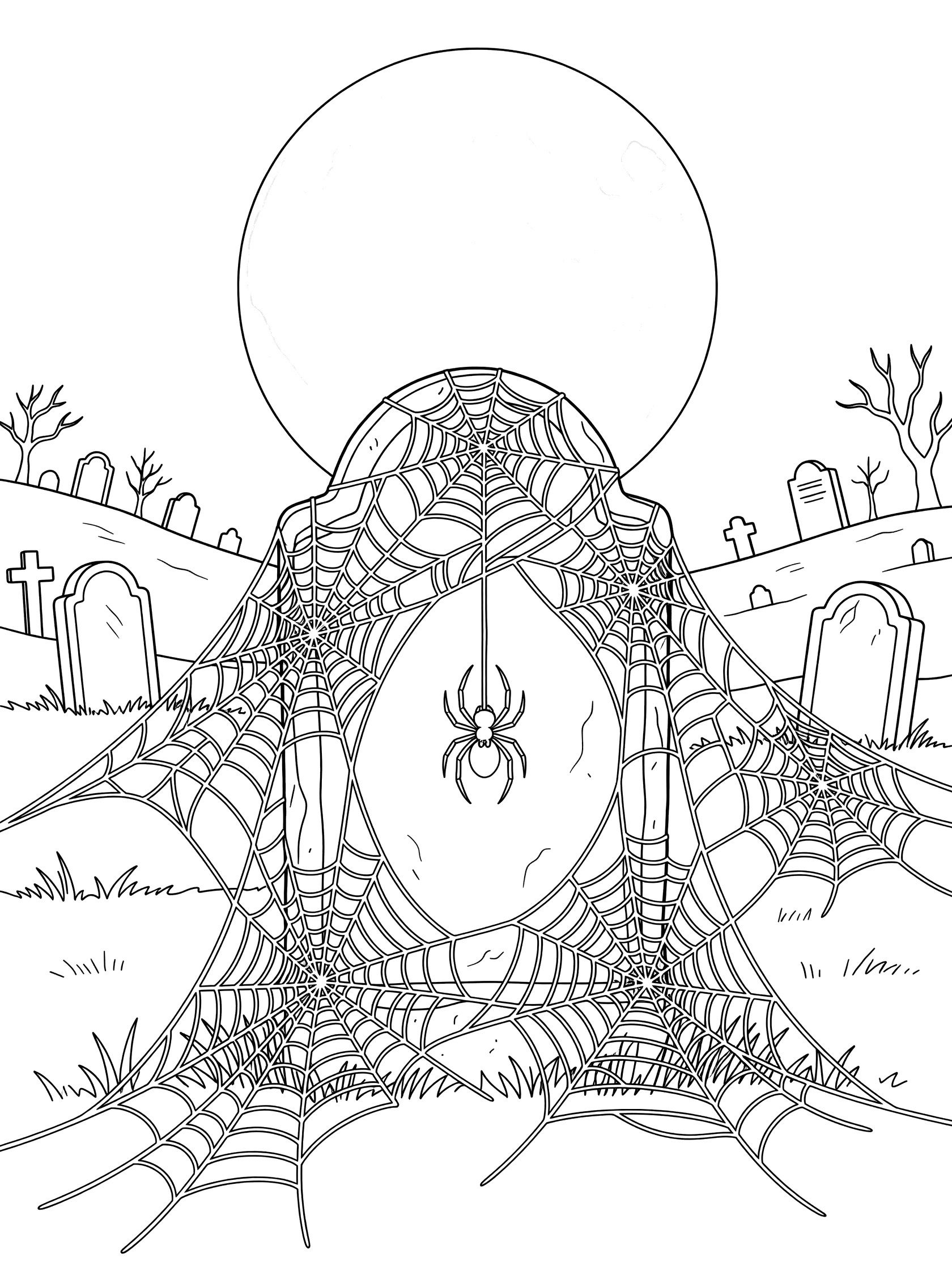 Black-and-white coloring page of a detailed gravestone covered in spiderwebs under a large full moon, with a spider hanging in a Halloween graveyard.