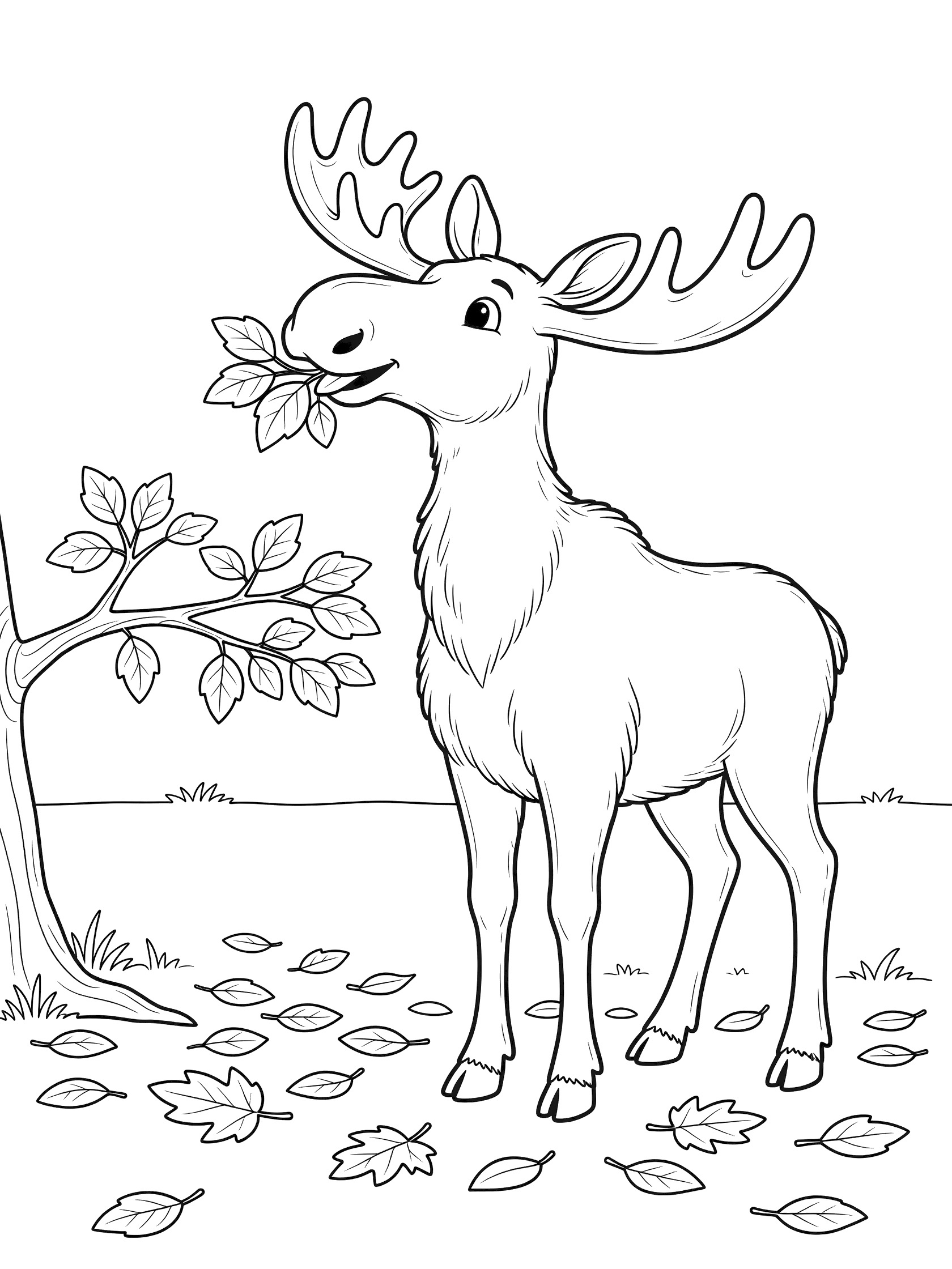 Black and white line art coloring page showing a friendly moose with big antlers eating leaves from a tree branch, with fallen leaves around its feet.