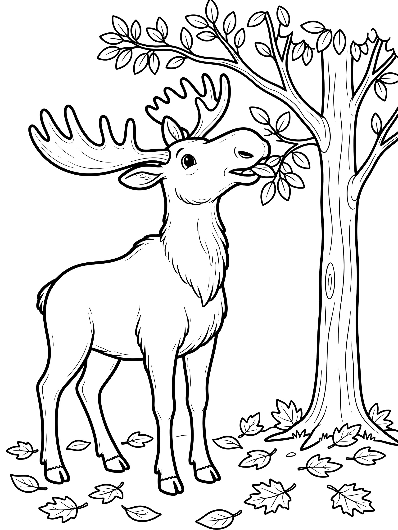 Black and white line art coloring page showing a friendly moose with big antlers reaching up to nibble leaves from a tree branch, with fallen leaves on the ground.