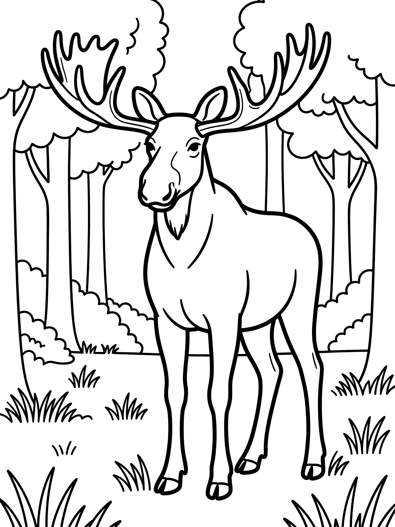 Black and white coloring page of a moose with big antlers standing in a forest clearing surrounded by trees and grass
