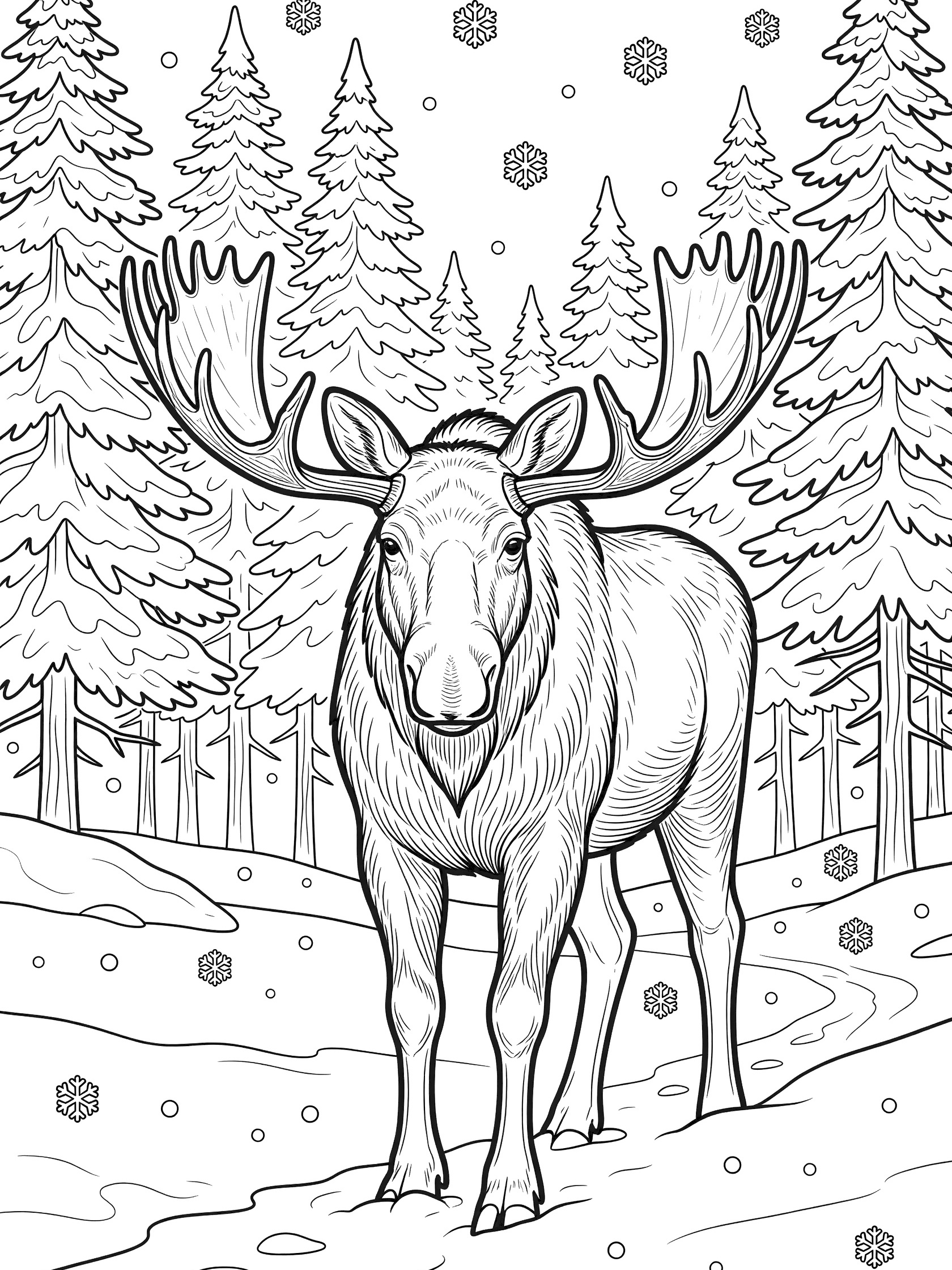 Black and white line art coloring page of a large moose with wide antlers standing in a snowy forest with pine trees and snowflakes falling around it.