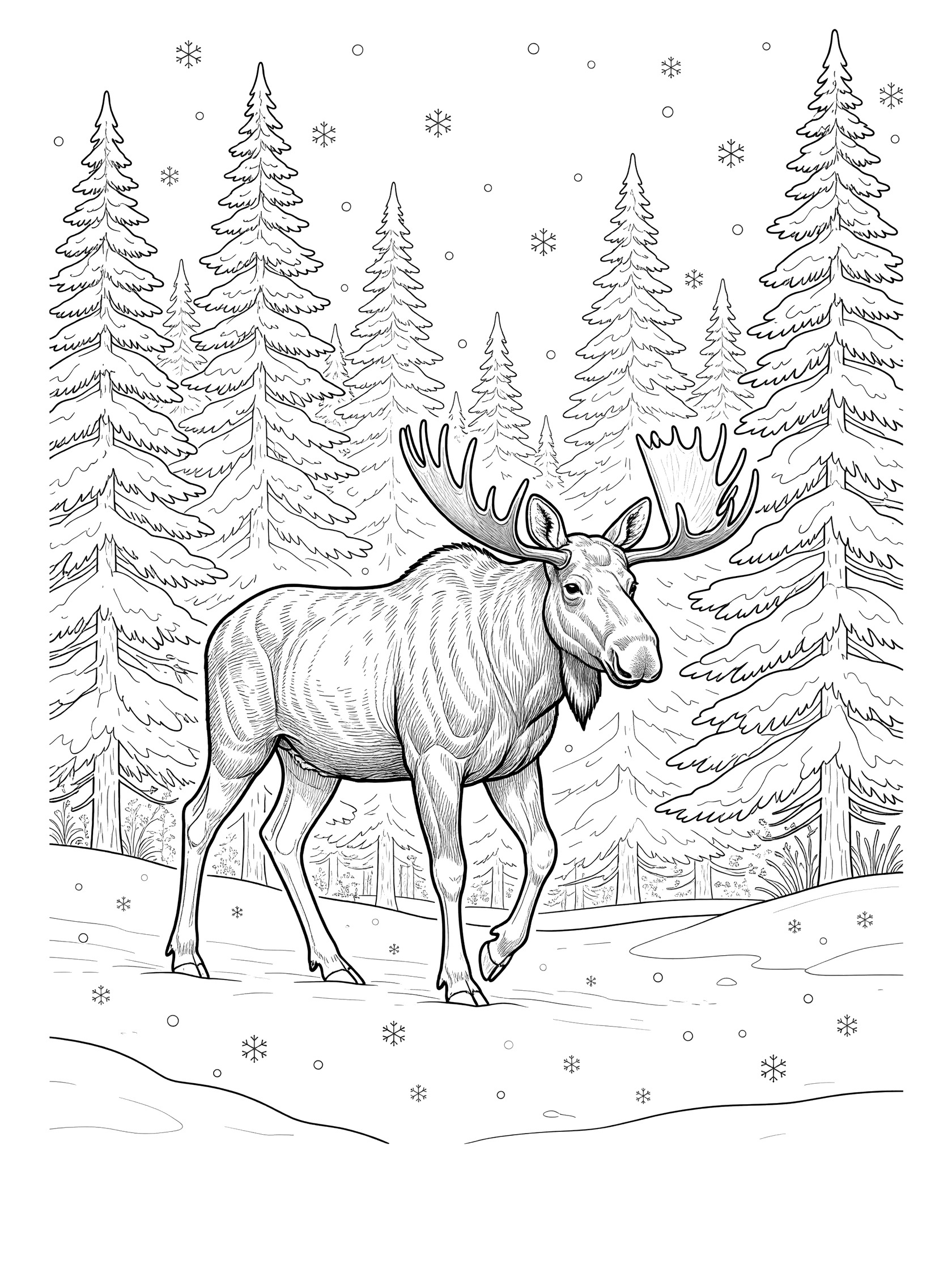 Black and white line art of a moose with large antlers walking in a snowy forest with pine trees and snowflakes, printable coloring page