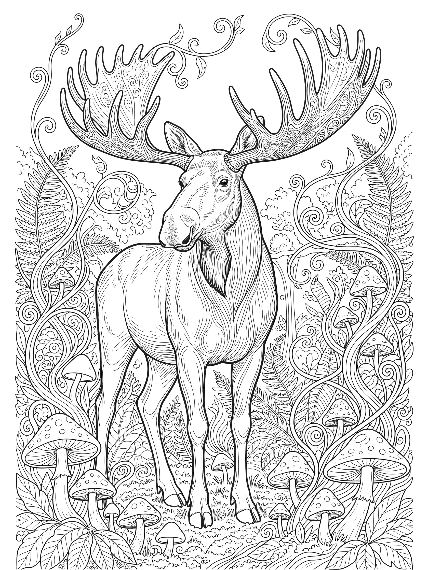 Black and white line art of a moose standing with big intricate antlers, vines, mushrooms, ferns, and swirling forest foliage.