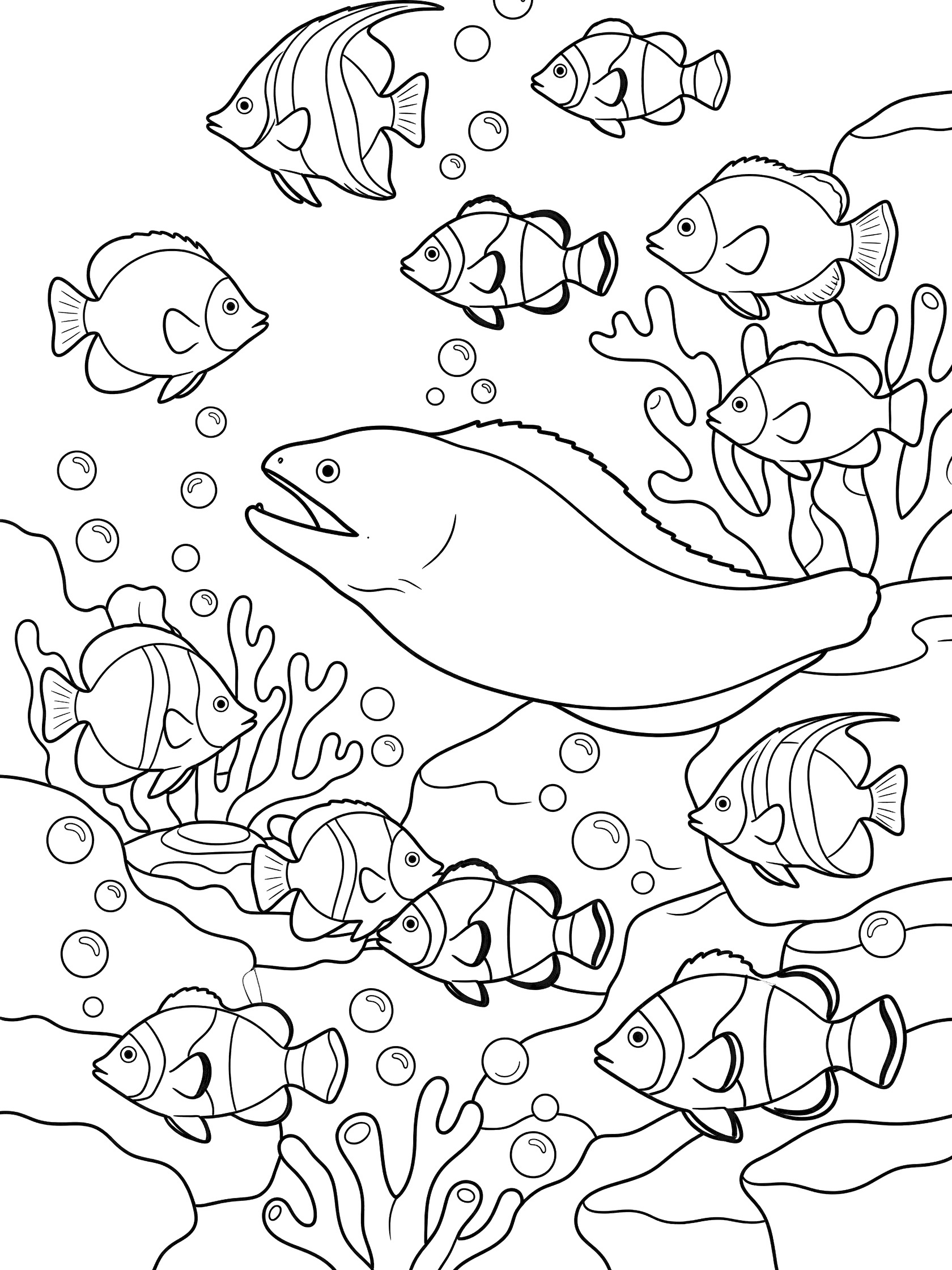 Black and white line art coloring page showing a long moray eel with open mouth gliding among a school of tropical fish, rising bubbles, and coral shapes underwater.