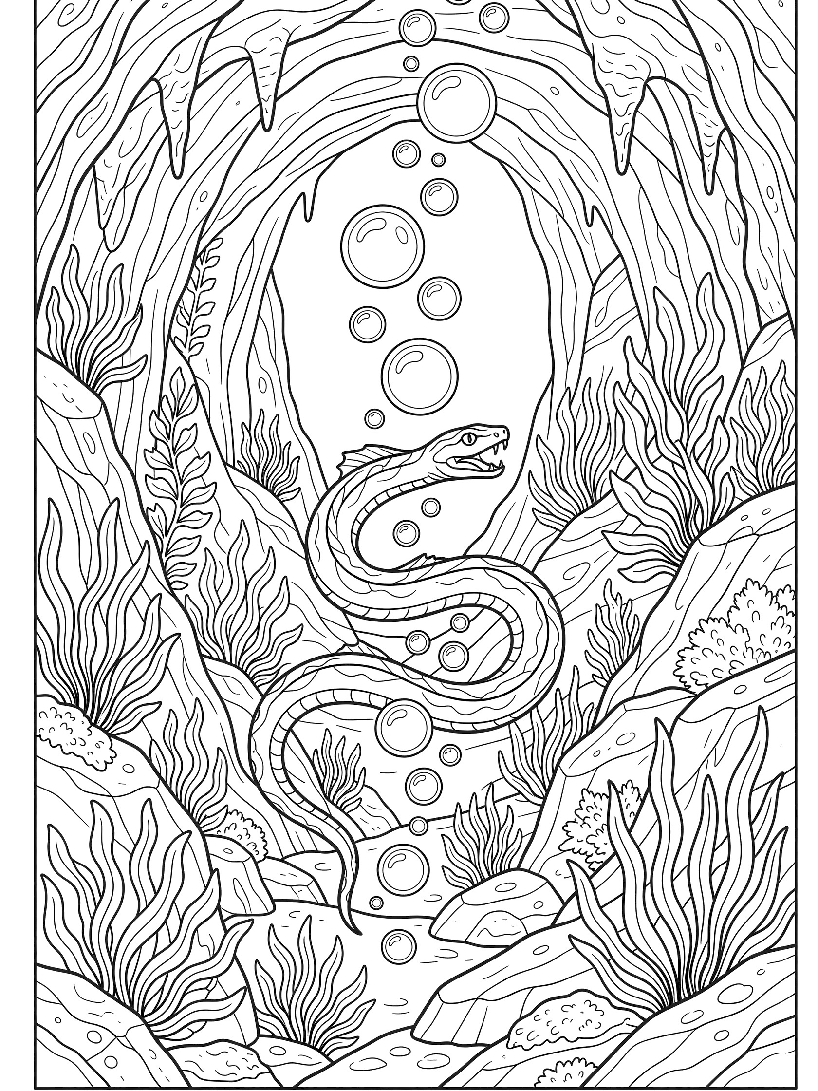 Black and white line art of a long moray eel chasing large bubbles upward in a rocky underwater cave with seaweed plants. Sea Snake themed black and white printable line art