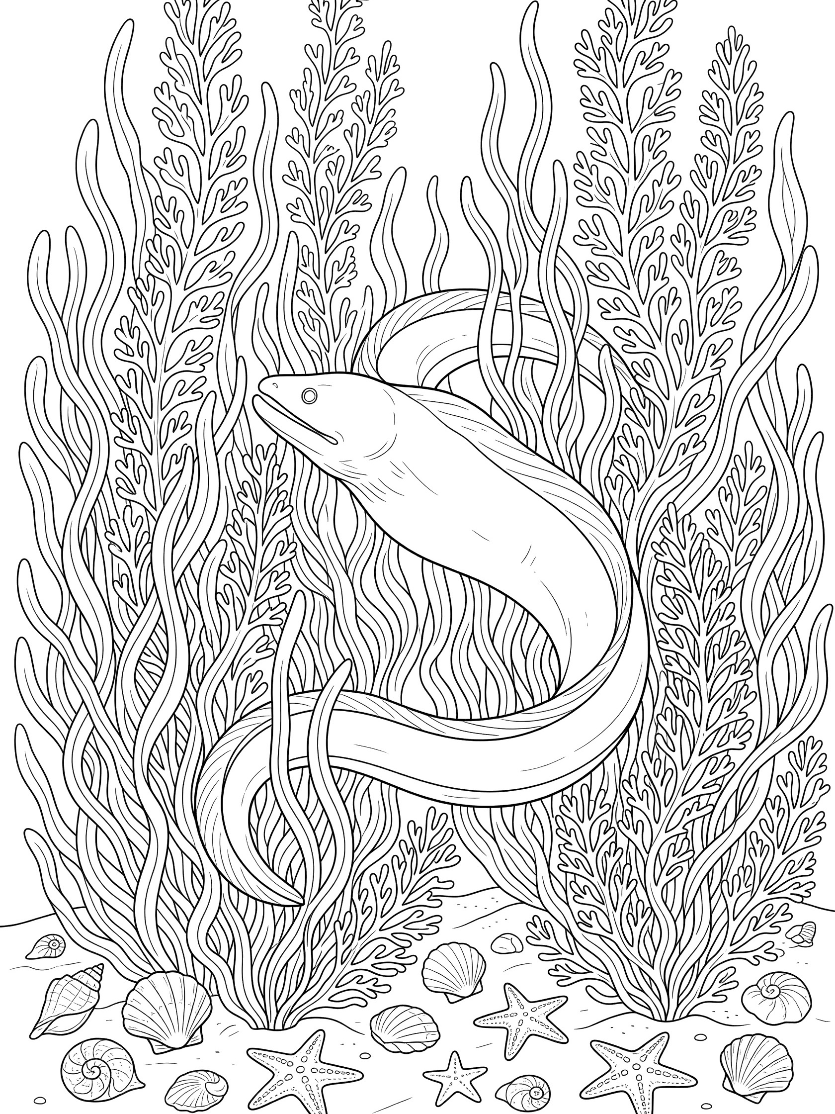 Black and white line art coloring page showing a long moray eel curving through dense tall seaweed strands, with scattered shells and starfish on the sandy bottom.
