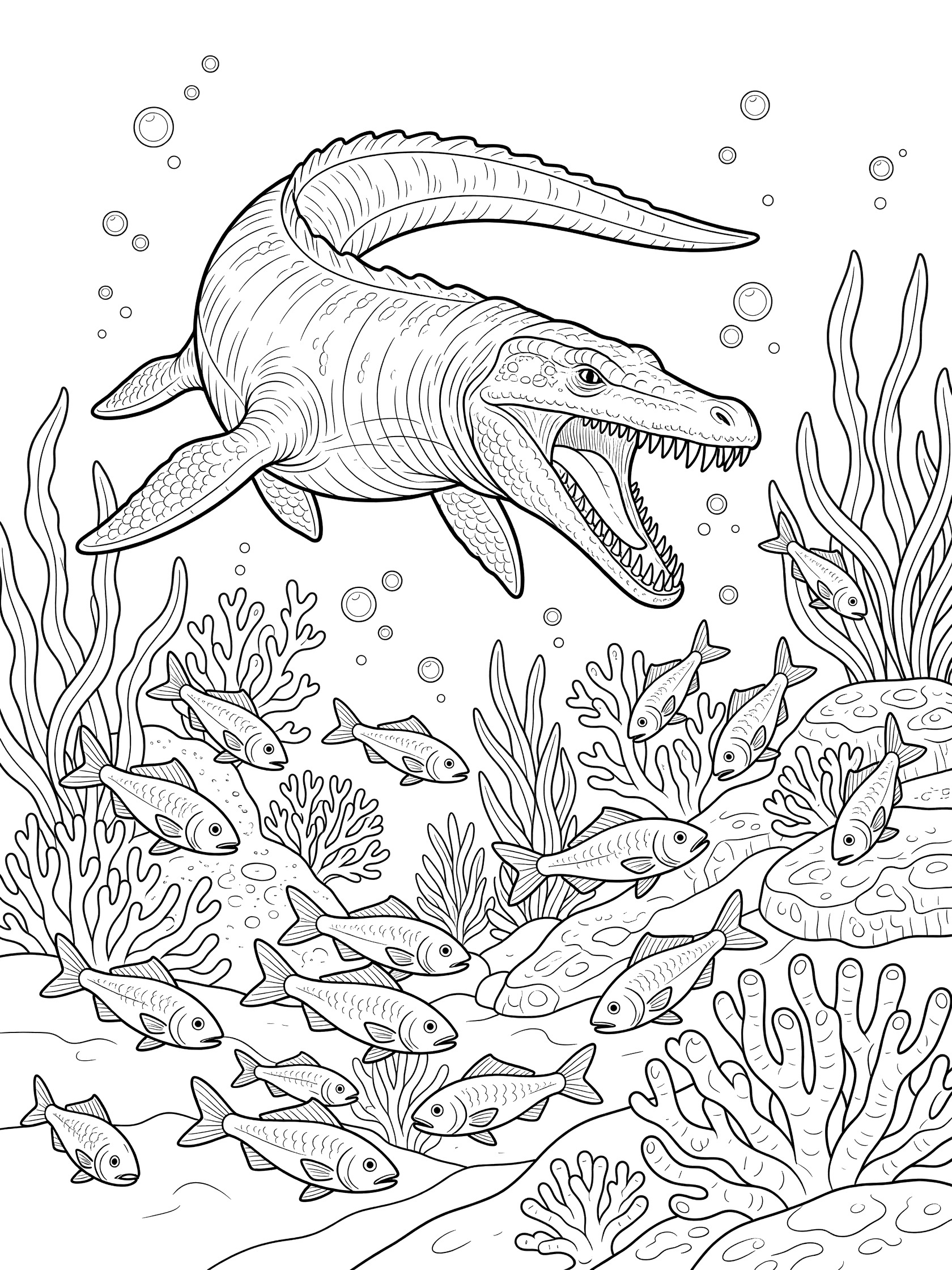 Black and white line art of a Mosasaurus with open jaws lunging at scattering fish, surrounded by seaweed and coral in an ocean scene.