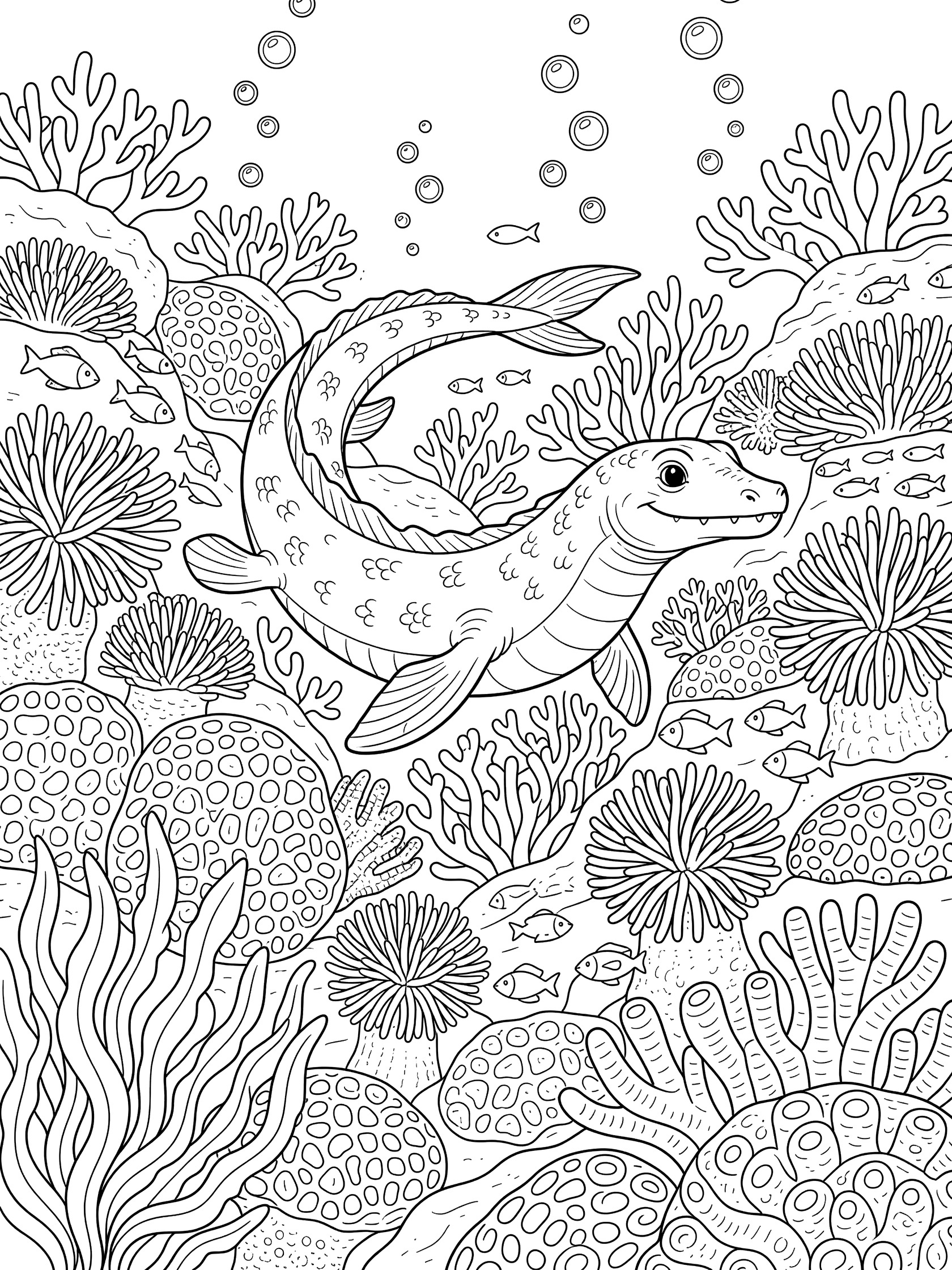 Whimsical line art coloring page showing a friendly Mosasaurus weaving between corals, sea anemones, tiny fish, and seaweed in an underwater reef with bubbles.