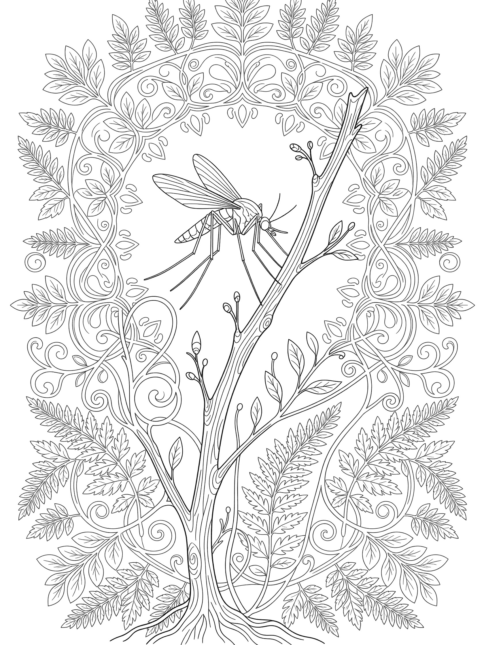 Detailed line art coloring page showing a mosquito with veined wings buzzing around a textured twig in a woodland mandala design