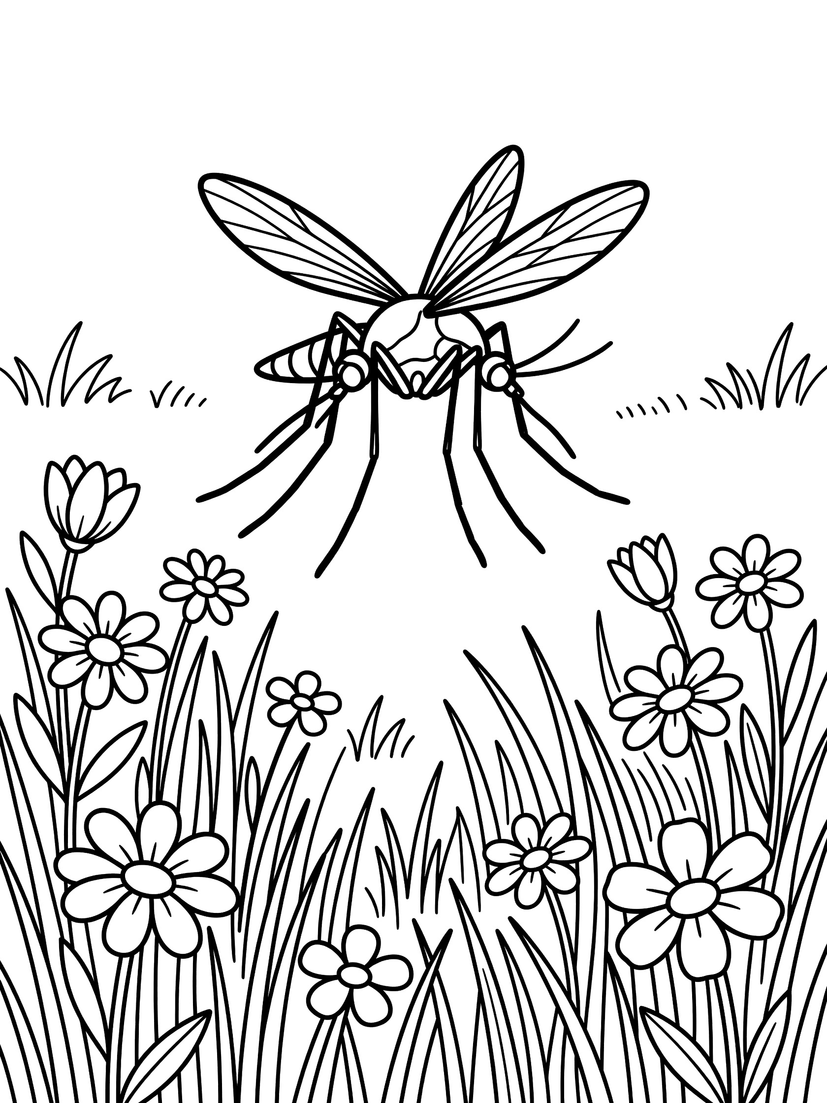 Black and white line art coloring page showing a large mosquito with wings spread flying above tall grass blades and simple flowers