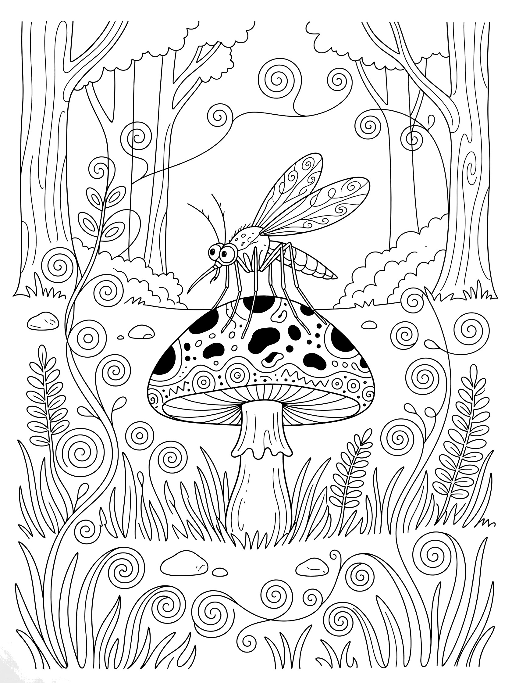 Black and white line art coloring page showing a mosquito standing on a spotted mushroom cap surrounded by curly grass and forest trees.