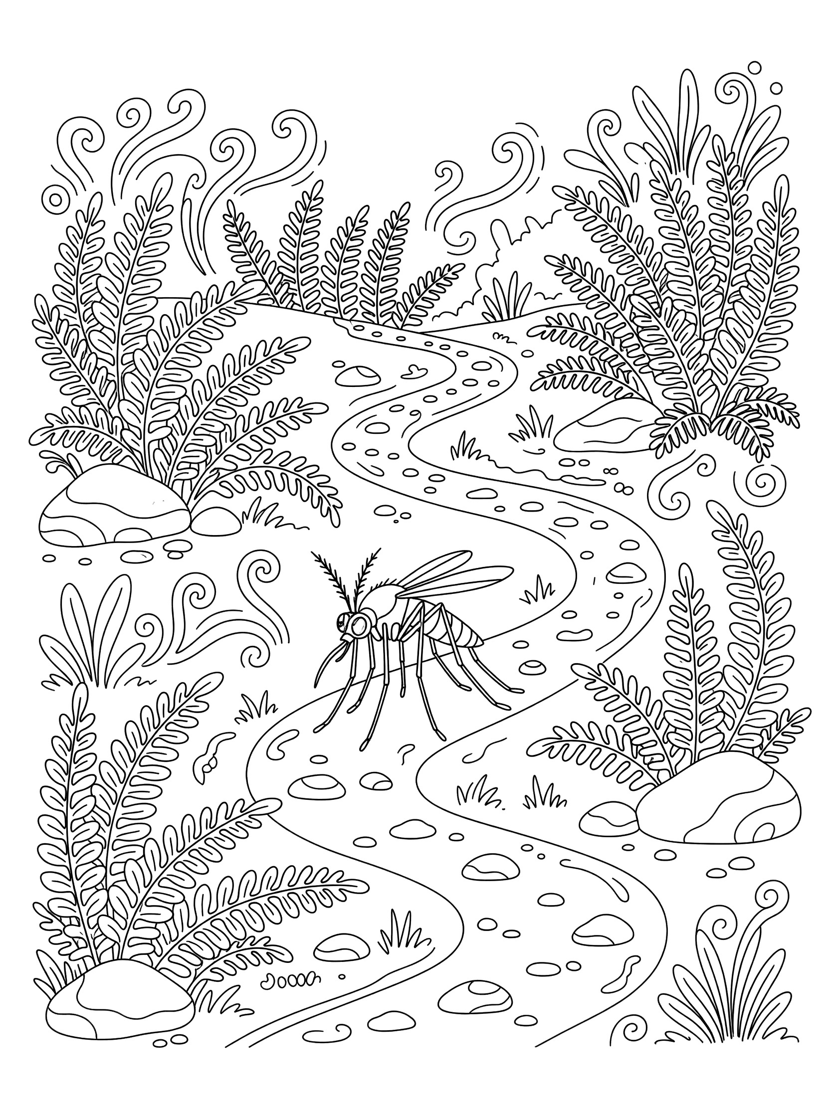 Black and white coloring page of a doodle mosquito leading on a winding path with ferns, stones, and swirls in a forest scene.
