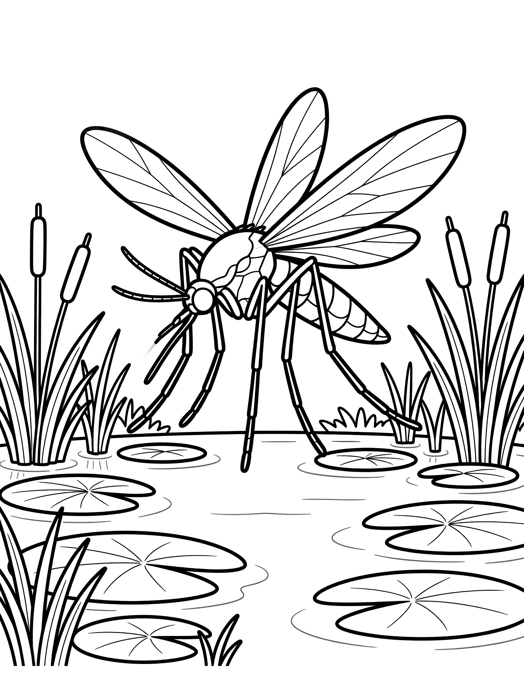 Black and white line art coloring page showing a mosquito with large wings above a pond, surrounded by lily pads and tall reeds.