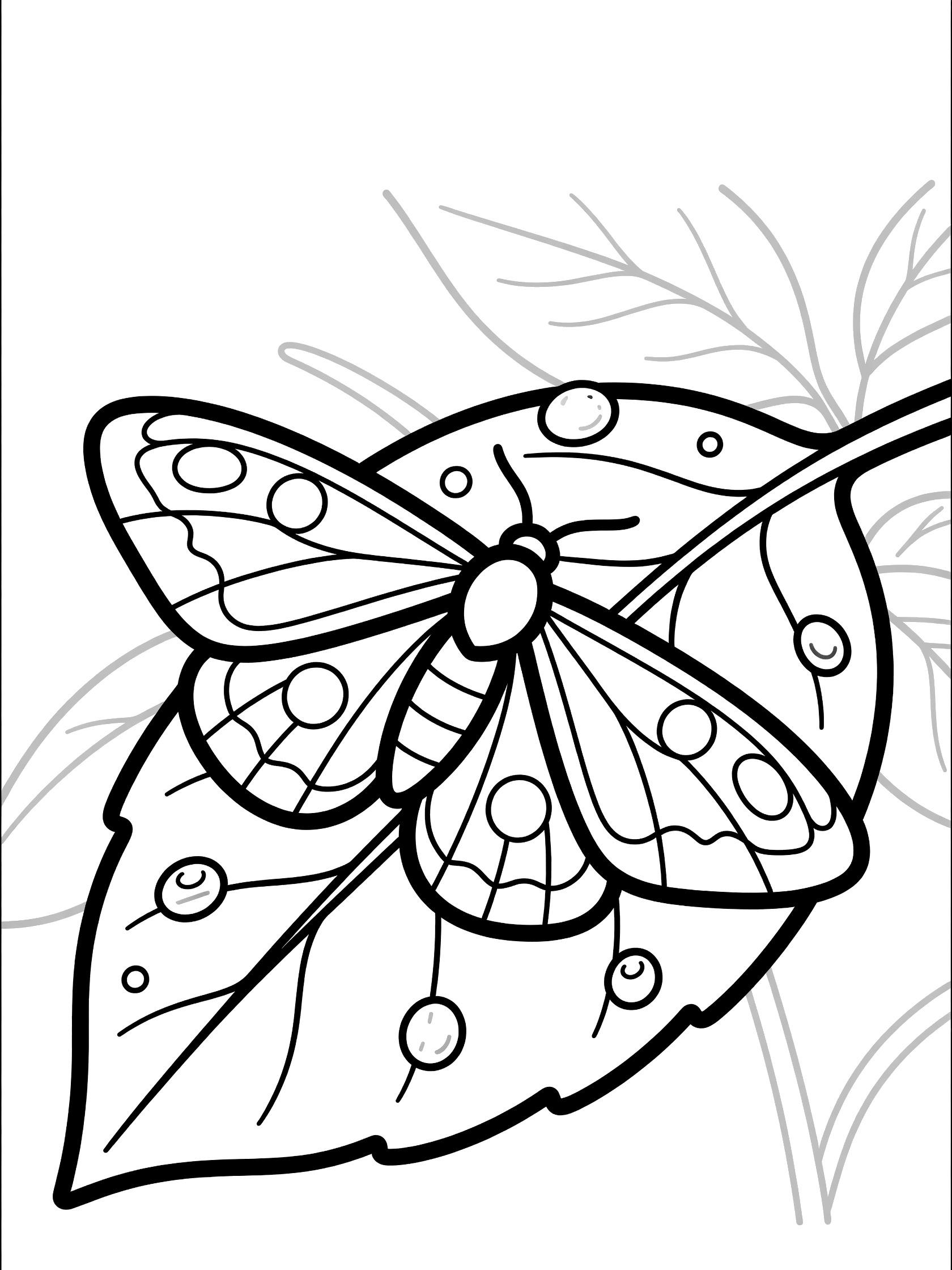 Black and white coloring page of a moth on a leaf with dew drops, bold outlines for easy coloring