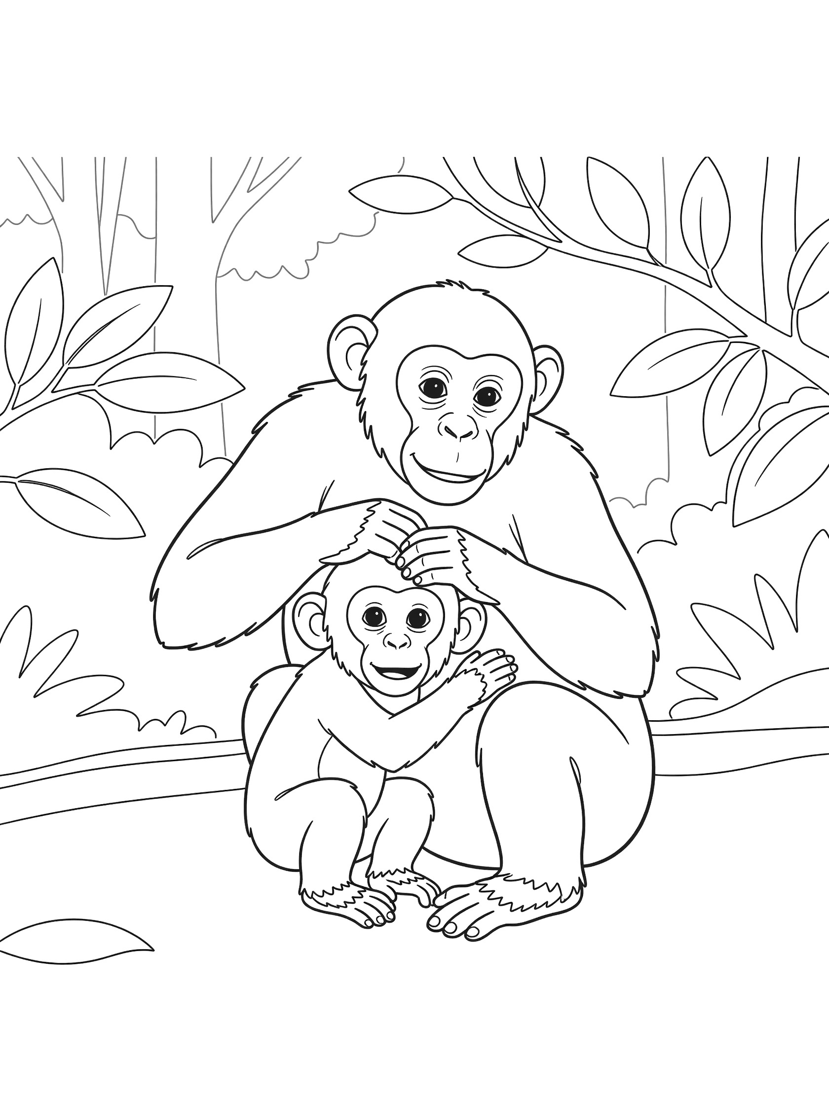 Black and white line art coloring page showing a mother chimpanzee sitting and grooming her baby chimpanzee on her back, surrounded by forest trees and leaves.