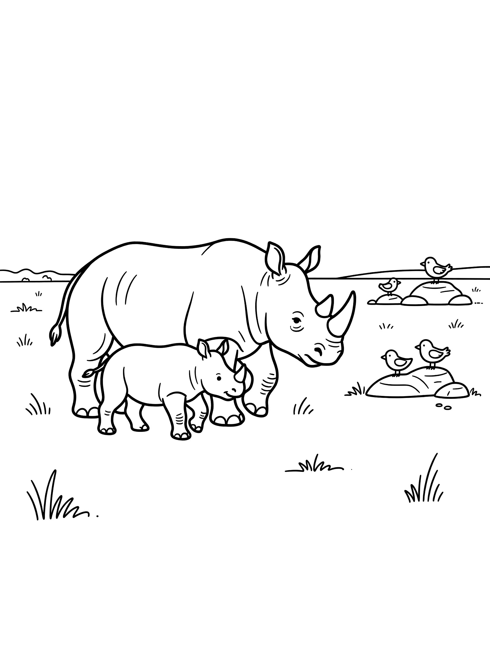 Black and white line art coloring page showing mother rhinoceros and calf walking on grassland with birds perched on rocks