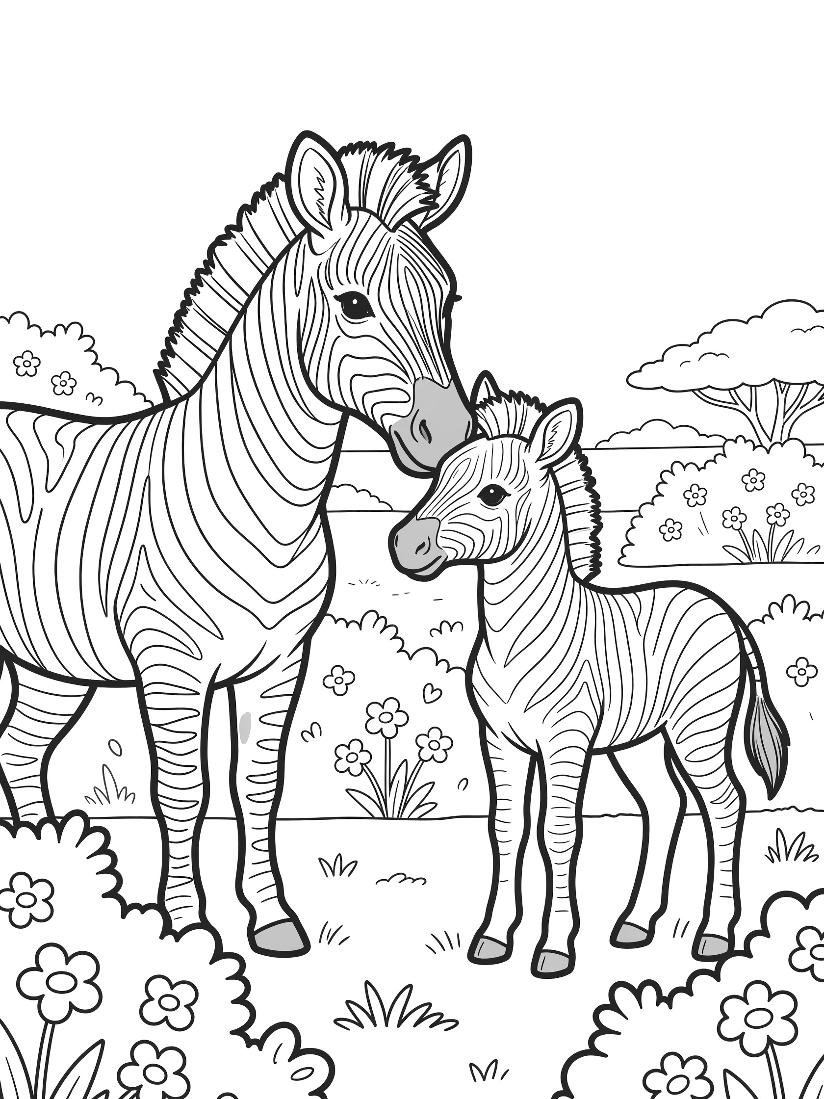 Printable coloring page showing a mother zebra with stripes nuzzling her small baby zebra foal, surrounded by bushes and flowers, thick black outlines on white background.