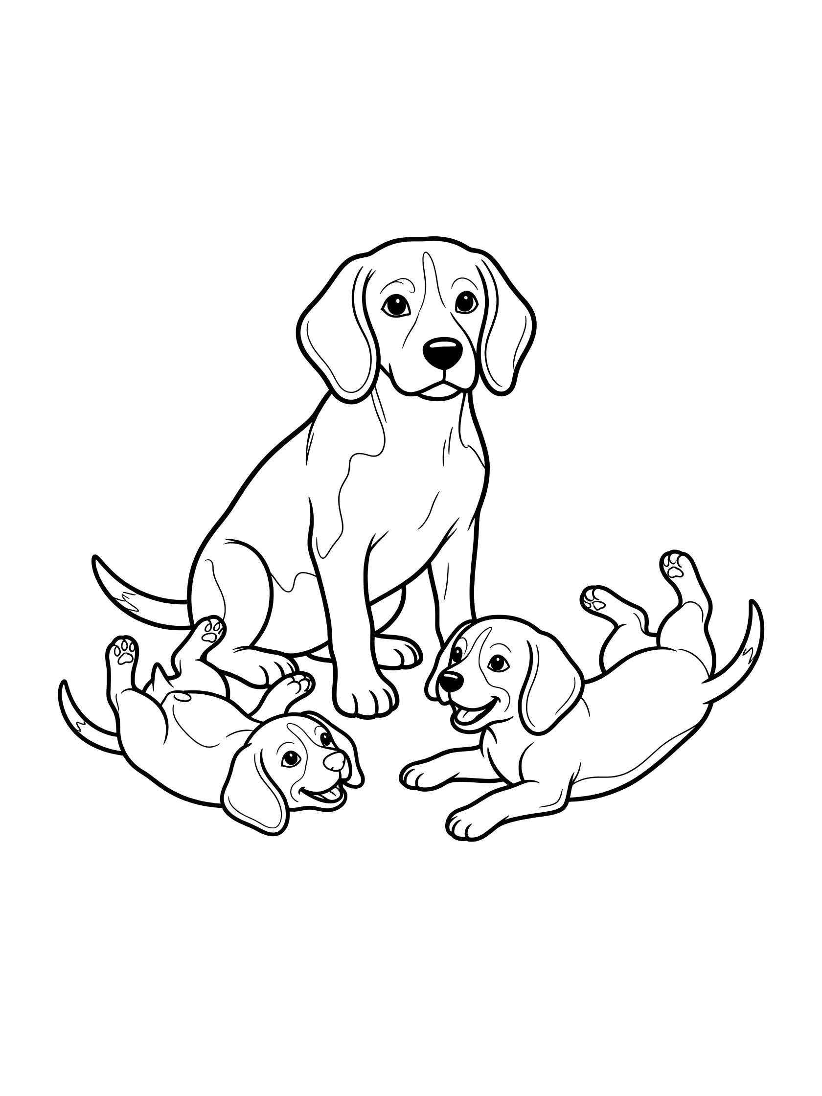 Printable coloring page showing a sitting mother Beagle dog surrounded by three tiny Beagle puppies playing at her feet, clean line art.
