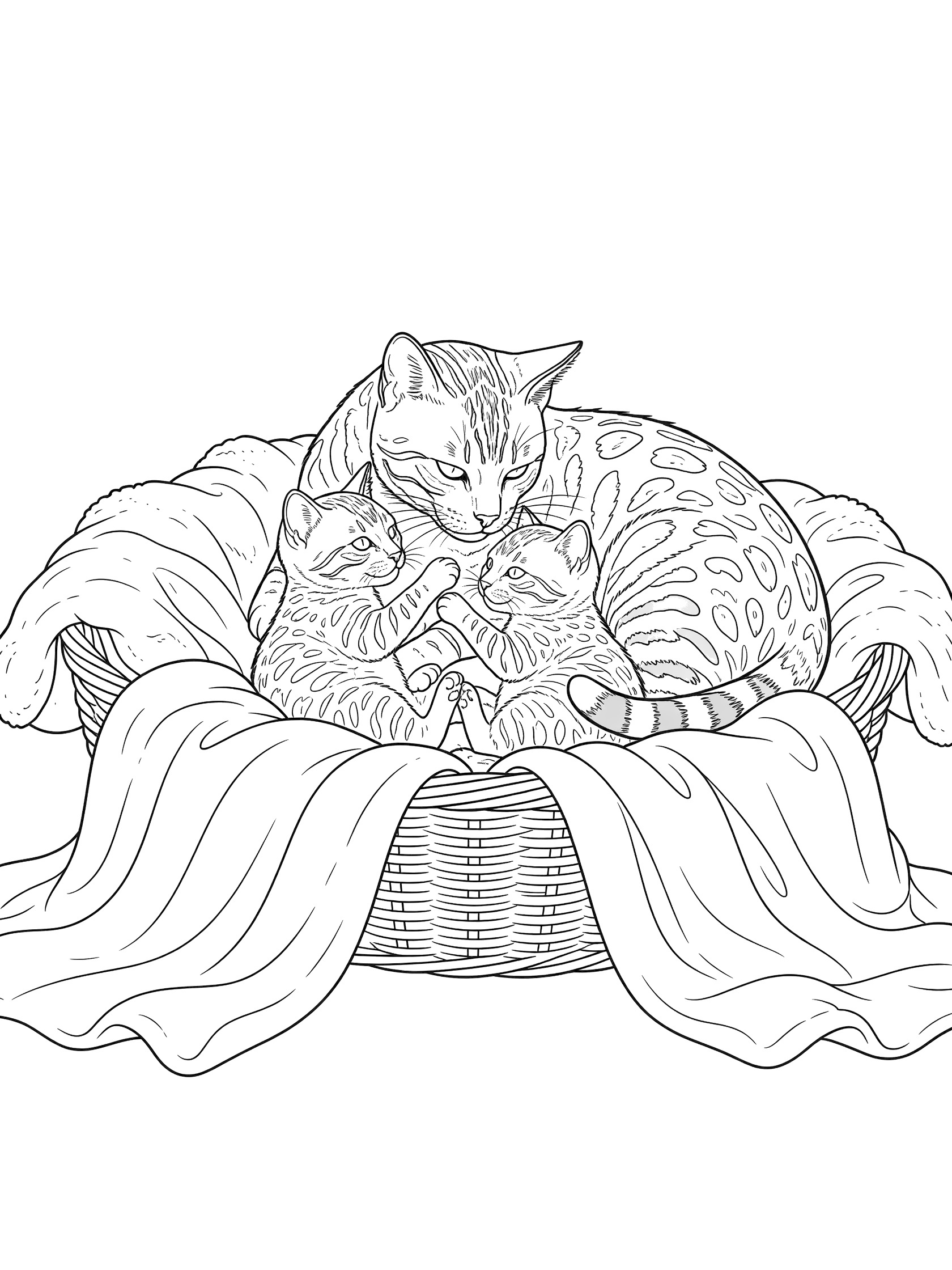 Black and white line art coloring page showing a mother Bengal cat curled around two tiny kittens playing in a basket full of blankets