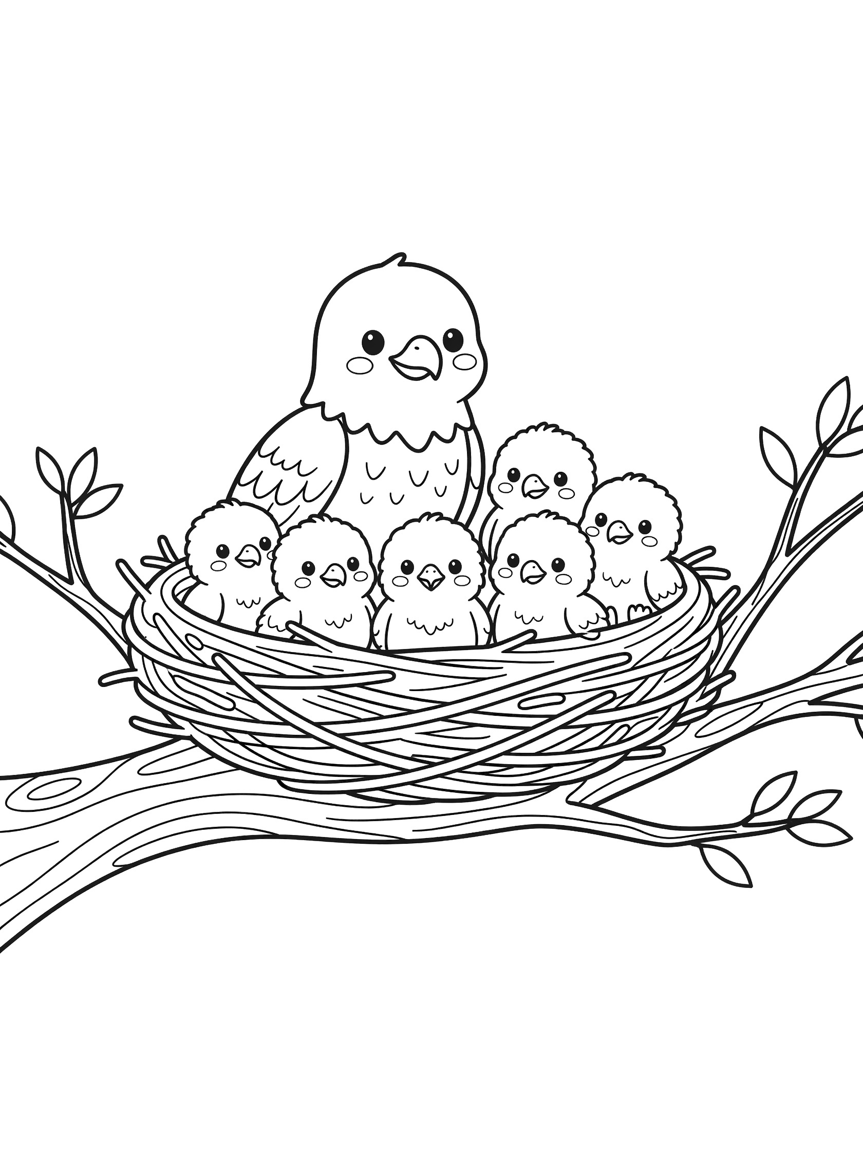 Cute line drawing of mother bird and baby birds in a nest on tree branch, black and white printable coloring page for children. Golden Eagle themed black and white printable line art