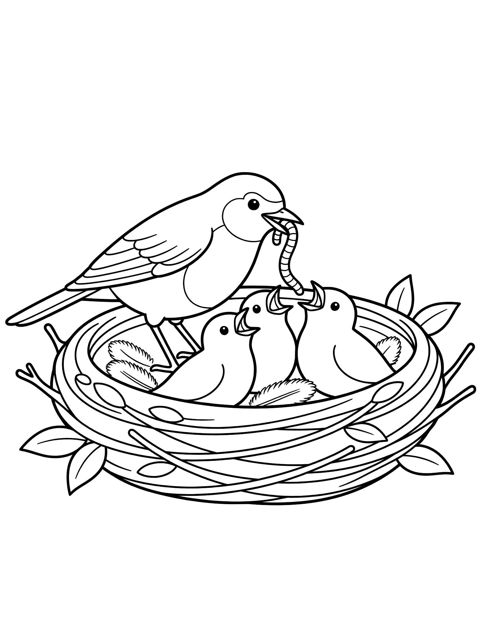 Black and white line drawing of a parent bird standing at a nest edge, holding a worm in beak to feed three open-mouthed baby birds inside a nest made of twigs and leaves. Robin themed black and white printable line art