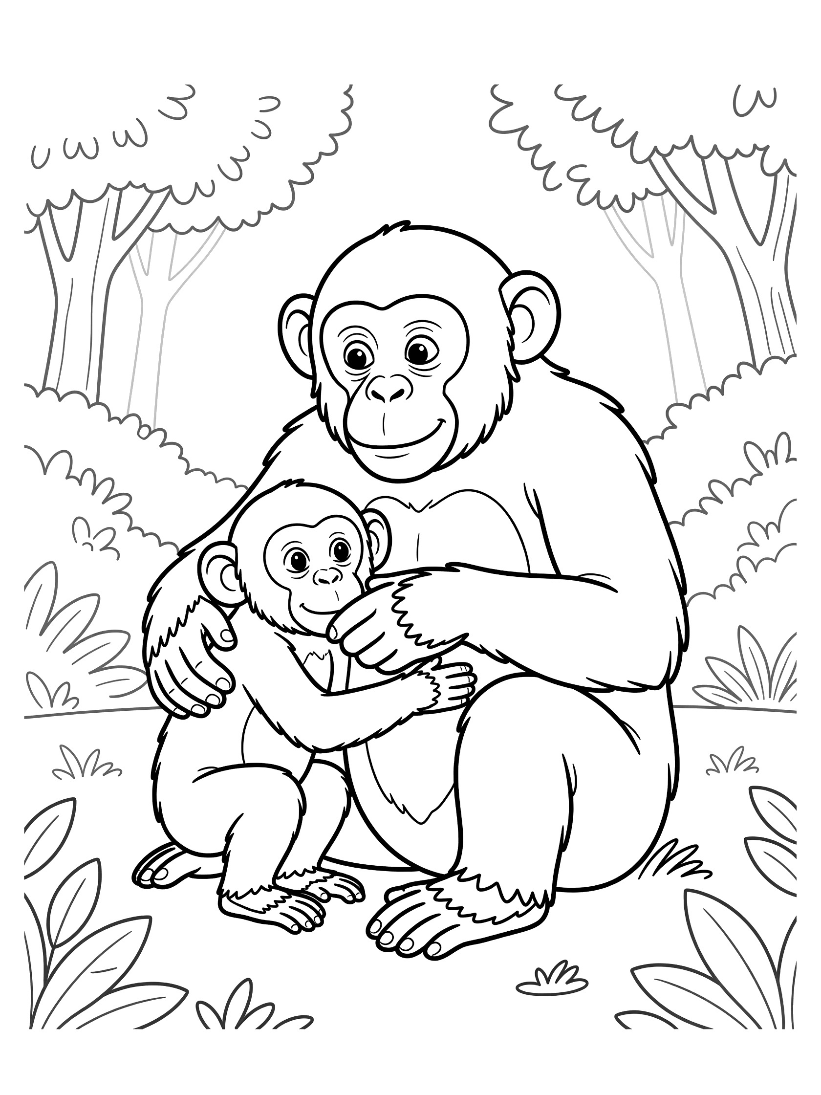 Black and white line art coloring page showing a mother chimpanzee embracing her baby chimpanzee with wide eyes, surrounded by simple forest leaves and trees.