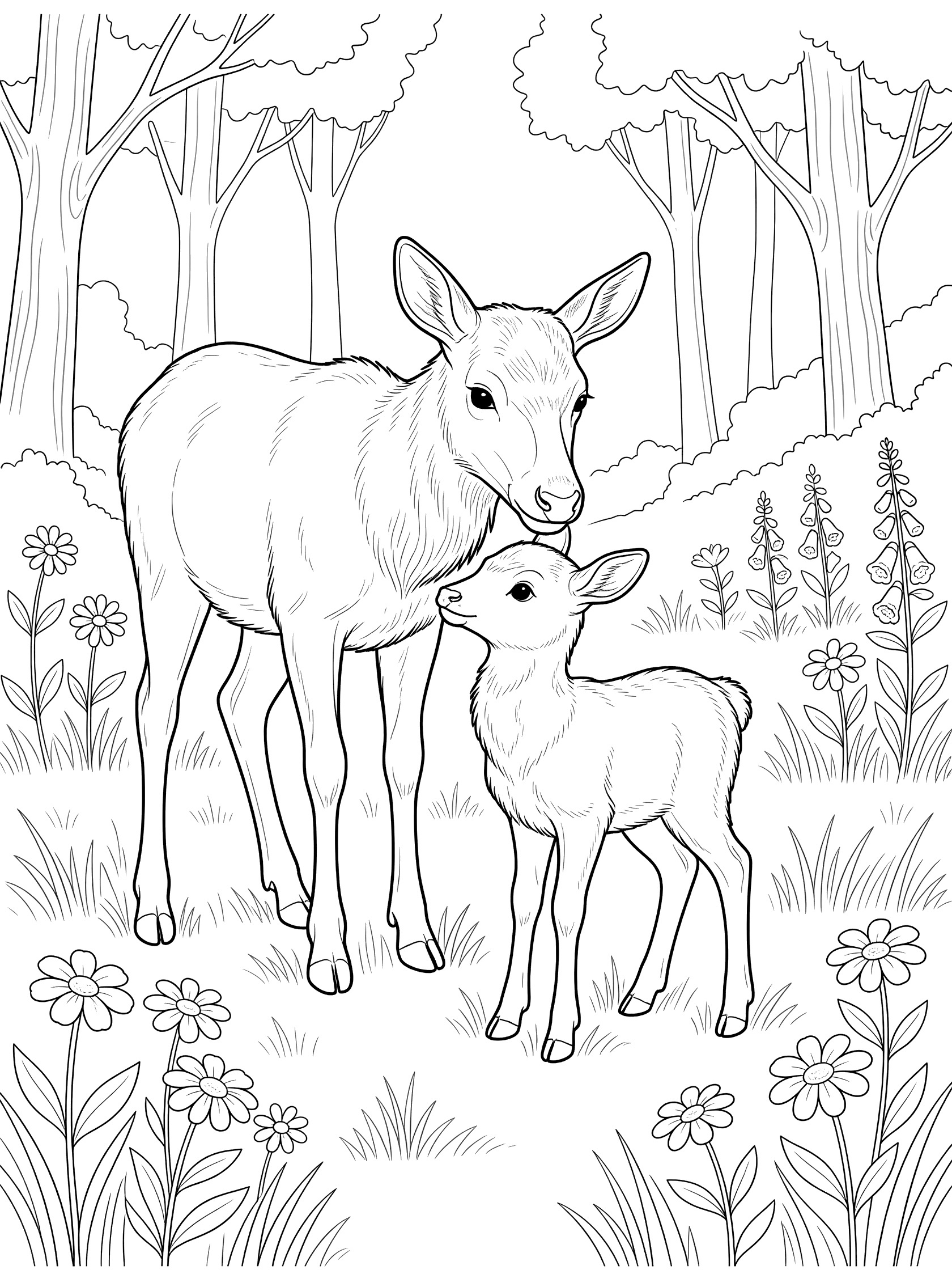 Black and white line art coloring page showing a mother deer nuzzling her baby fawn in a grassy forest glade with trees, wildflowers, and tall plants. Elk themed black and white printable line art