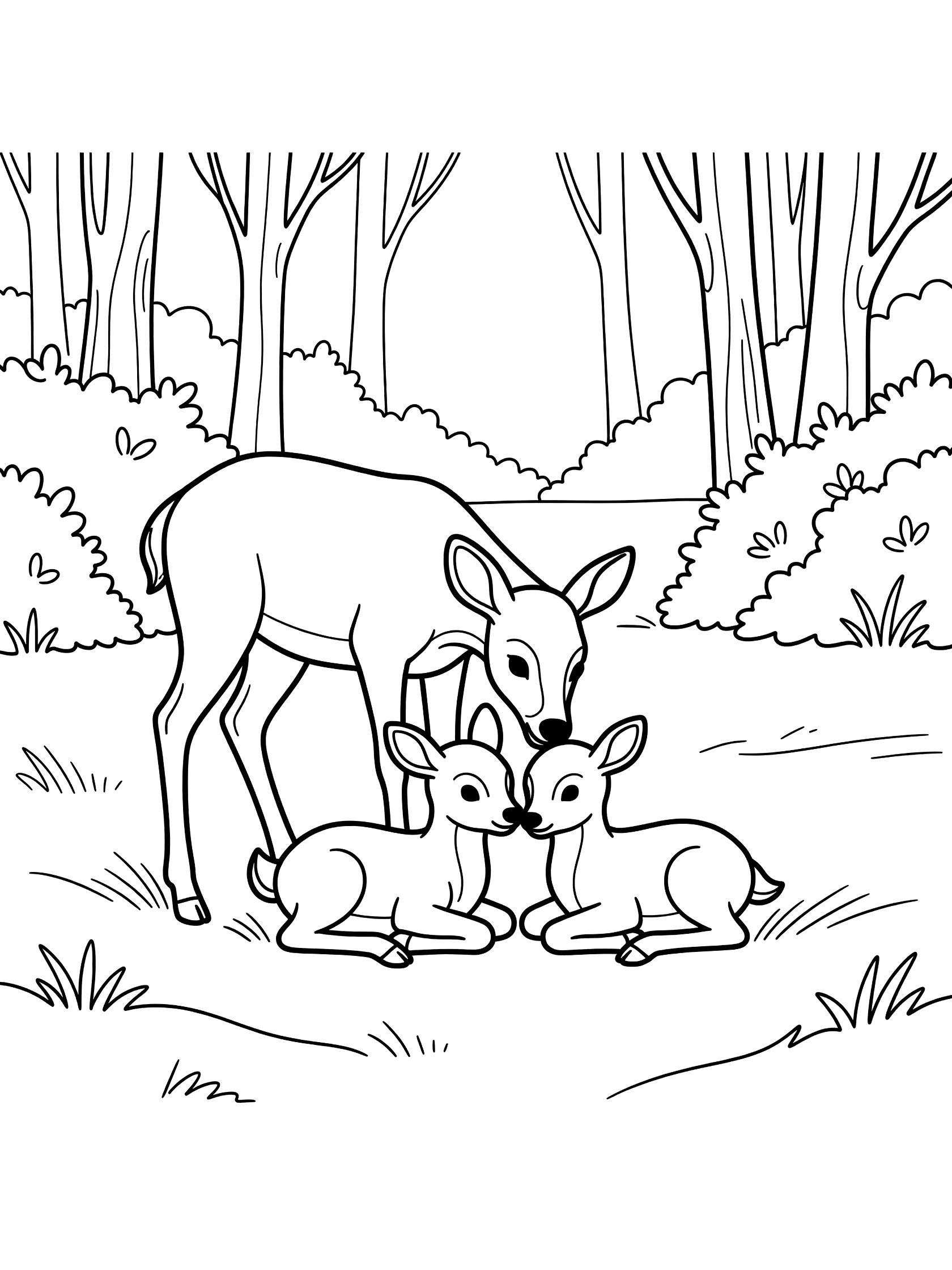 Black and white coloring page of a mother deer nuzzling two baby fawns in a forest with trees, bushes, and grass.