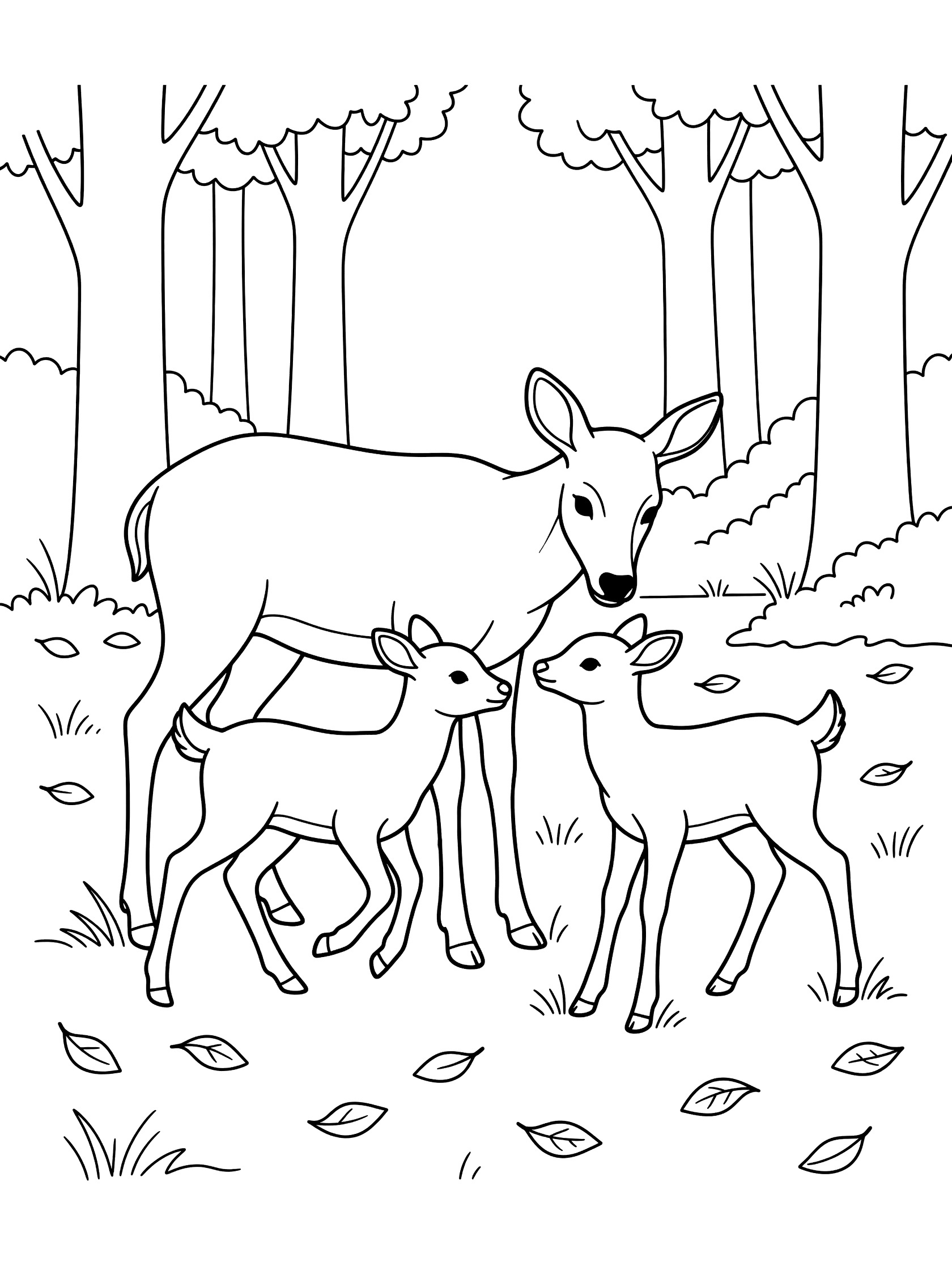 Black and white line art coloring page showing a mother deer with antlers nuzzling two spotted baby fawns standing on grass with scattered leaves and simple tree outlines in a forest glade.